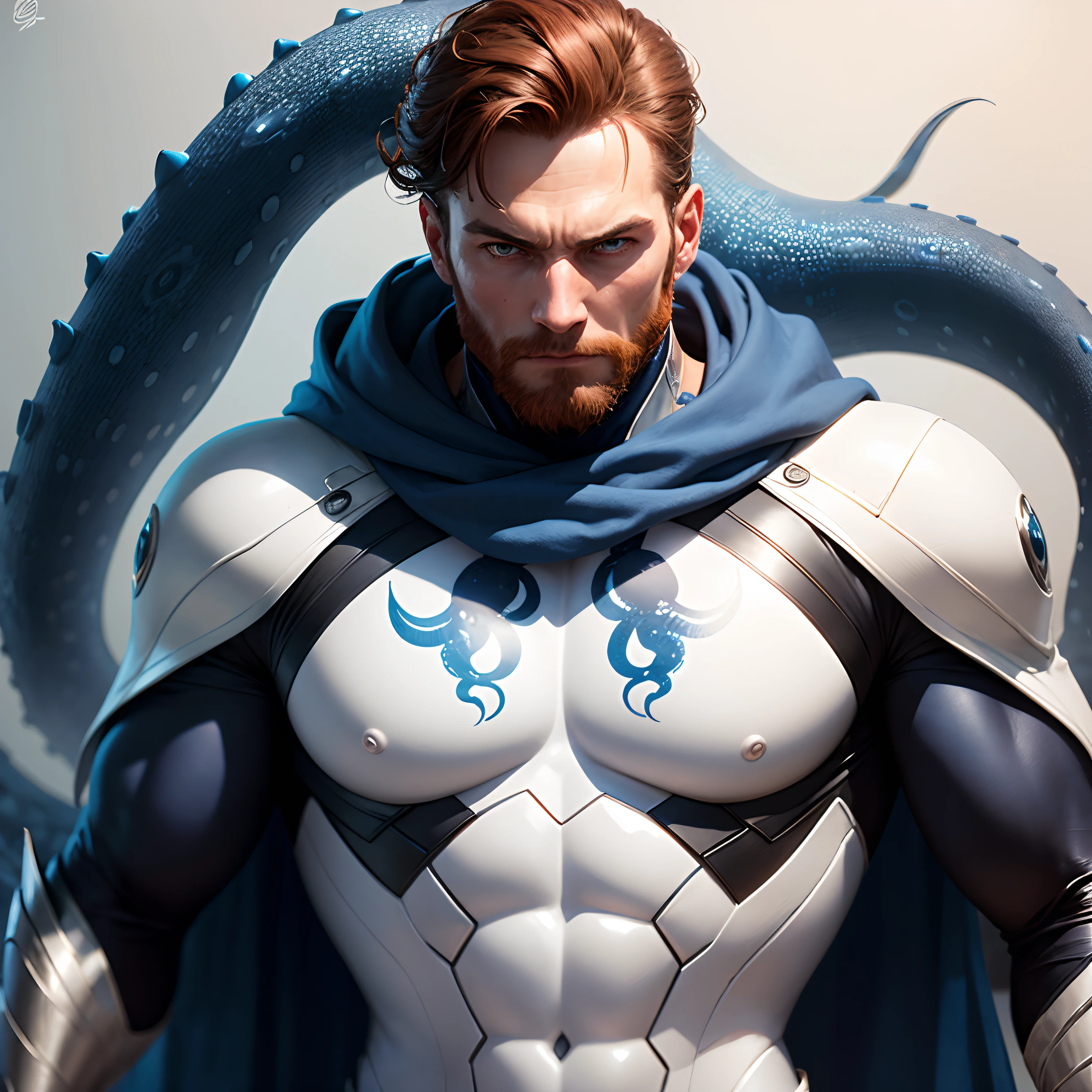 Homem careca,with red beardSeaArt Txt2Img Standard 23:11:28 Create a realistic 8k HD Ultra image of a Marvel character in a costume inspired by the Spider-Man costume only that this superhero would have the costume inspired by an octopus, ele seria o homem polvo, com seu traje em tons de branco azul Ciano azul claro e azul escuro seu traje tem um lindo perfeito e detalhado ,Details with octopus tentacles, Ventosas ,no estilo Homem-Aranha do aranhaverso,Costume inspiration of superhero costume is an octopus.