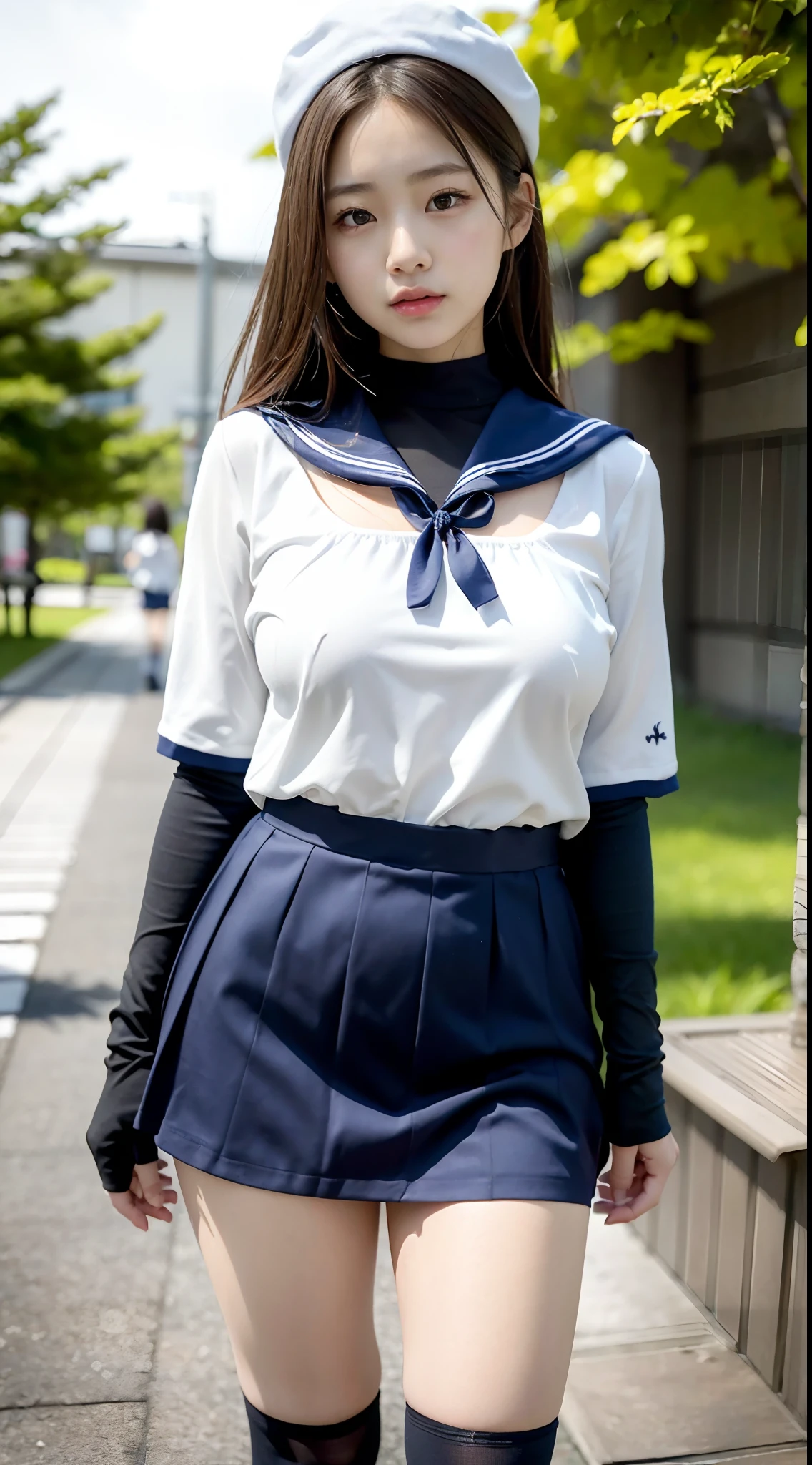 mix4, (16 K, Raw photography, Top image quality, masterpiece: 1.45), (realisitic, Photorealsitic: 1.37), one girls, 7.5, etc、Random hairstyle、Standing figure,Morning time slot、a very cute,a park,, profetional lighting, photon maping、physically-based renderingt, Gradient dark brown hair,, a handsome, Well-groomed and beautiful eyes、Large double eyelids、Very shiny、girl with, (((student clothes、Winter clothes、Sailor suit worn by Japan schoolgirl、Navy blue sailor color、scarf、a miniskirt, Small beret、high socks、lowfers))), Top Quality Photos, hight resolution, 1080p, (clearface), (Detailed face description), (Detailed hand description), (masterpiece), (Exquisite CG)、extreme light and shadows、dishevled hair、master work、abundant detail、(Fine facial features)、(top quality photo)、(masuter piece)、(A detailed eye)、Look in front of you、Fine clavicle、((Slender big))、(((Japan schoolgirl in sailor suit)))、((Ready Idol System))、((a park、Slide、The fountain、seesaw))、(((neat and cute)))、耳Nipple Ring、A big smile、Drawing the whole body from the knees、Do not draw nasolabial folds、(((Cute sailor suit)))、(Big breasts that hang down big:1.4)、Big buttocks with tension、Two arms and two legs、(((from the front side:0.1)))、bare hand、No mask、