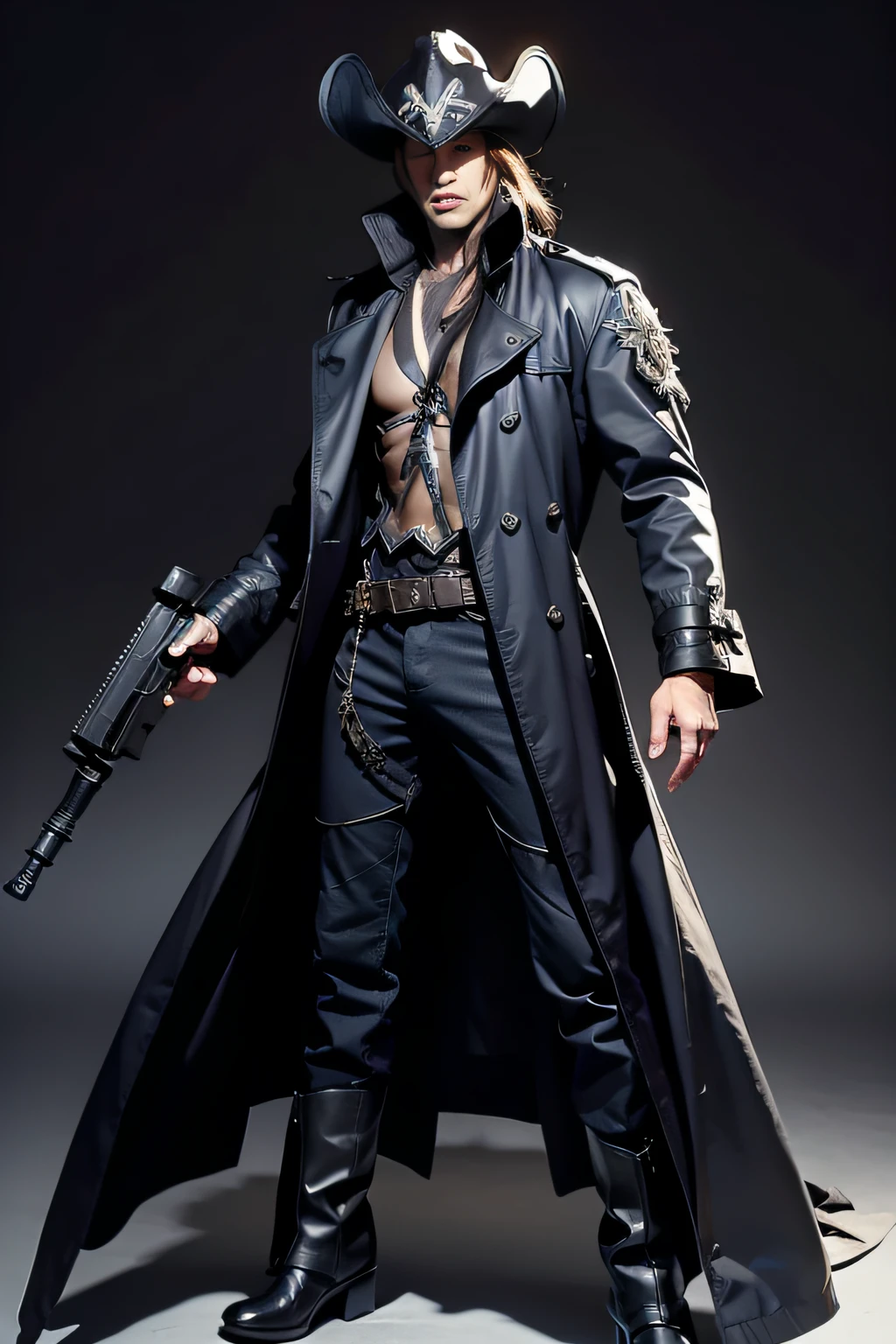 Demon hunter, Full body like, With a short gun，Magical style, a character in League of Legends, COSPLAY, male people，Vintage trench coat，Trench coat with lapels， metal decoration，Pirate outfit，thongs，mistic，cowboys，With a short gun， hyper HD, Masterpiece, Textured skin, Anatomically correct, Best quality
