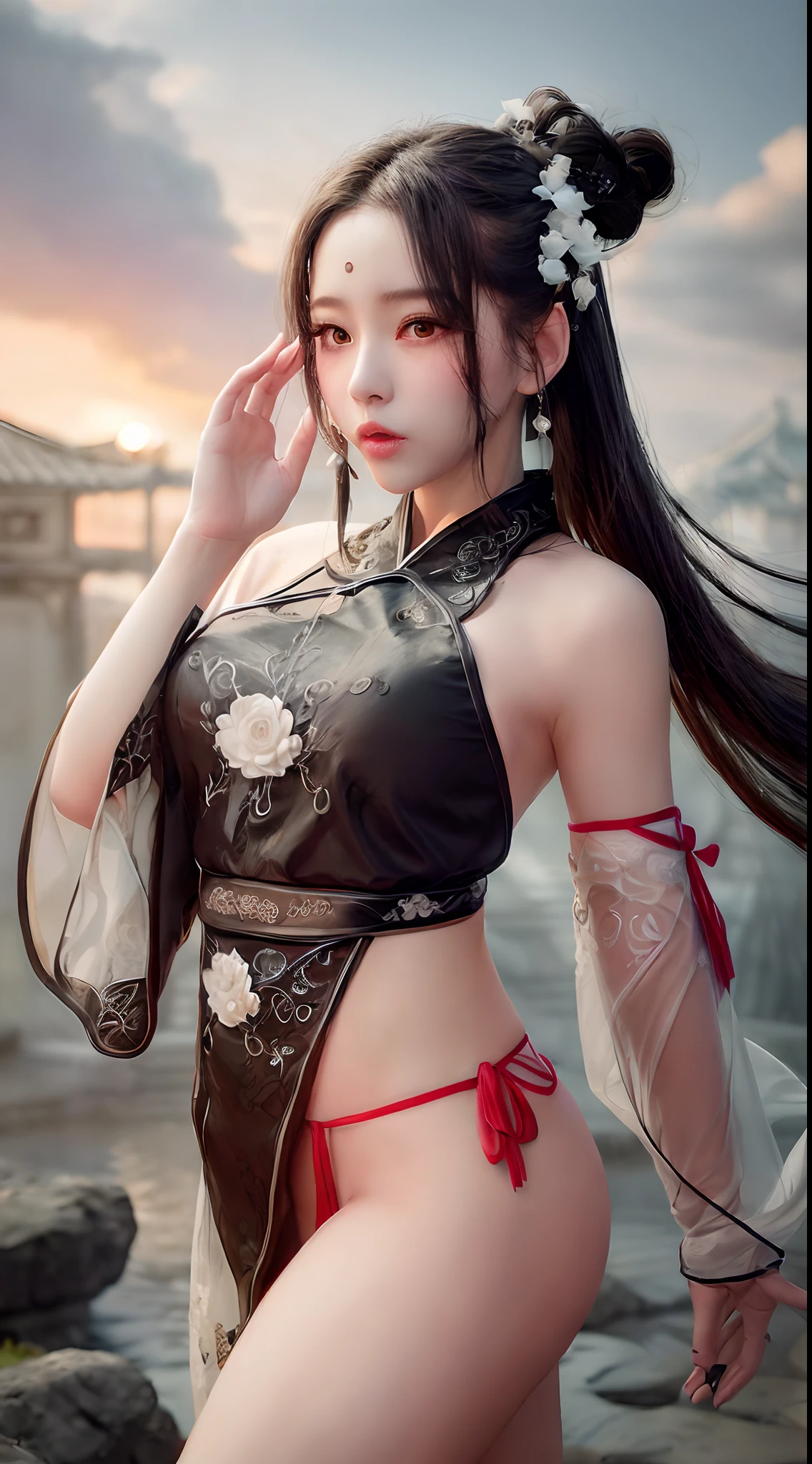 (Best quality,4K,A high resolution,Masterpiece:1.2),Ultra-detailed,Realistic, Black and white Hanfu,Black embroidery, Flowing white ponytail, Long flowing hair, White mask, The mask flutters in the wind, Fringed Hair Ornament, Peony flower, Ancient style, Wide sleeves, Dynamic pose, Dramatic composition, falling flower petals, red waistband, the complex background, Ancient architecture, Misty clouds, Fairy tale background, Swirling clouds, Cinematic lighting.