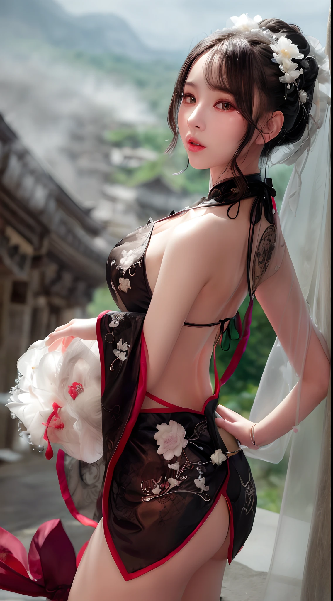 (Best quality,4K,A high resolution,Masterpiece:1.2),Ultra-detailed,Realistic, Black and white Hanfu,Black embroidery, Flowing white ponytail, Long flowing hair, White mask, The mask flutters in the wind, Fringed Hair Ornament, Peony flower, Ancient style, Wide sleeves, Dynamic pose, Dramatic composition, falling flower petals, red waistband, the complex background, Ancient architecture, Misty clouds, Fairy tale background, Swirling clouds, Cinematic lighting.