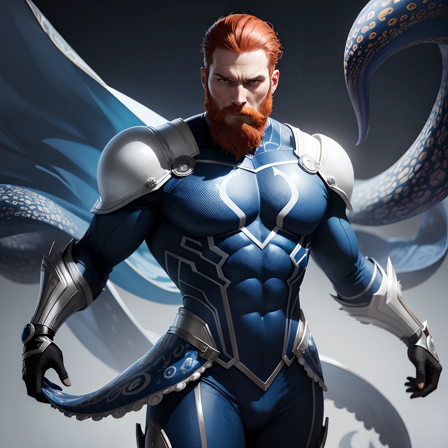 homem careca, Robot Red Beard SeaArt Txt2Img Standard 23:11:28 Create a realistic 8k HD Ultra image of a Marvel character in a costume inspired by the Spider-Man costume only that this superhero would have the costume inspired by an octopus, ele seria o homem polvo, com seu traje em tons de branco azul Ciano azul claro e azul escuro seu traje tem um lindo perfeito e detalhado ,Details with octopus tentacles, Ventosas ,no estilo Homem-Aranha do aranhaverso,Inspiration of the superhero costume is an octopus. White gloves on hands with silver details,symbol of a blue octopus right in the center of the breastplate of the superhero costume ,In some parts of the fabric of the serious superhero costume a realistic print of the skin of a blue octopus