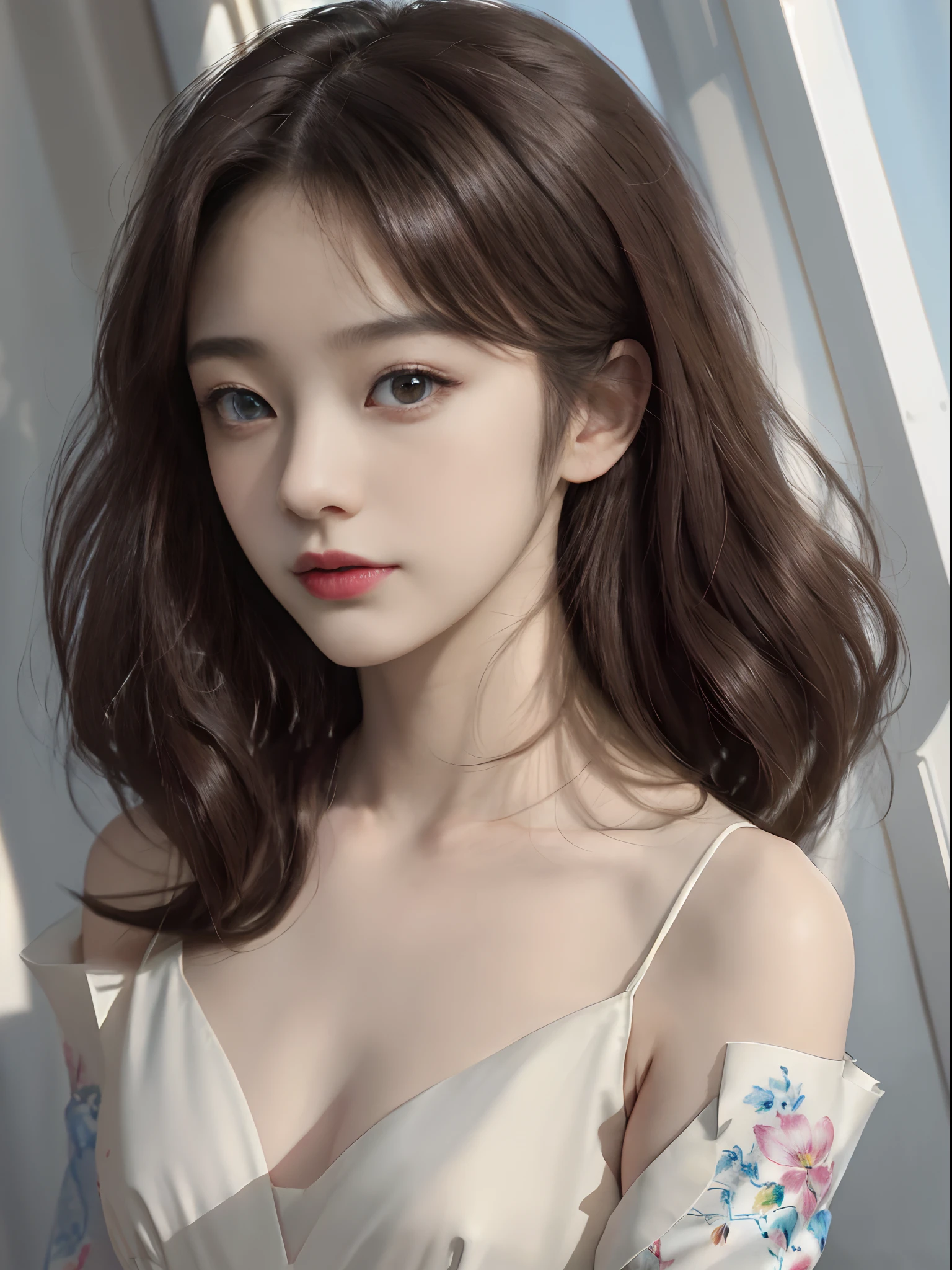 masterpiece, top-quality, (((masterpiece))), (((Highest grade))), ((Special Adjustment)), (illustration), ((Extremely Delicate and Beautiful)), dynamic angle, Floating, (beautiful detail eyes), (detailed lighting), (1 girl), mediuml breasts, medium-length hair, The eyes are shiny, dark brown., dark-brown hair, bodycon dress, natural, (sunlight), (painting), (sketch), (floral), slight smile, pastel color, Complete Anatomy, Upper body, Beautiful faces with high detail,(Open shoulders)