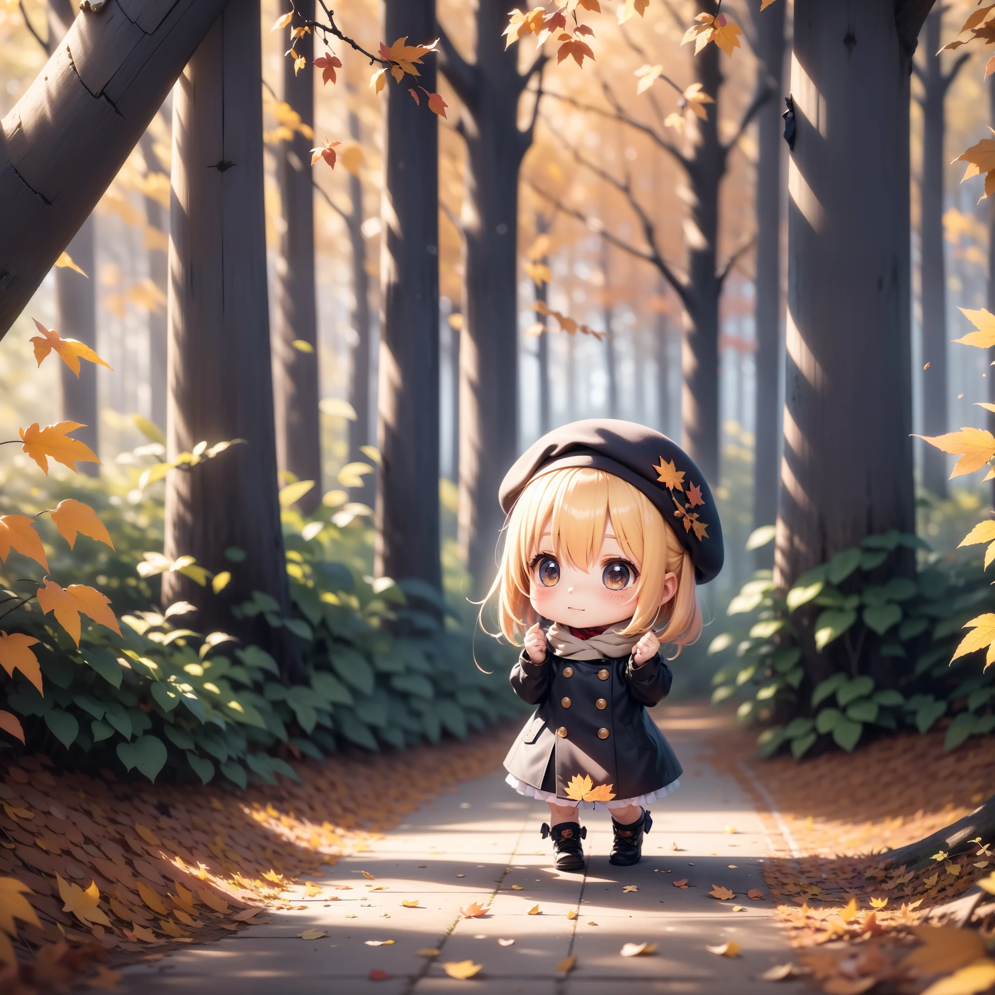 3D rendering, Q printmaking style,chibi,SOLO,A cute girl sticker, A cute girl wearing a beret,Maple forest in autumn，Scattered maple leaves，Soft sunshine，Soft light