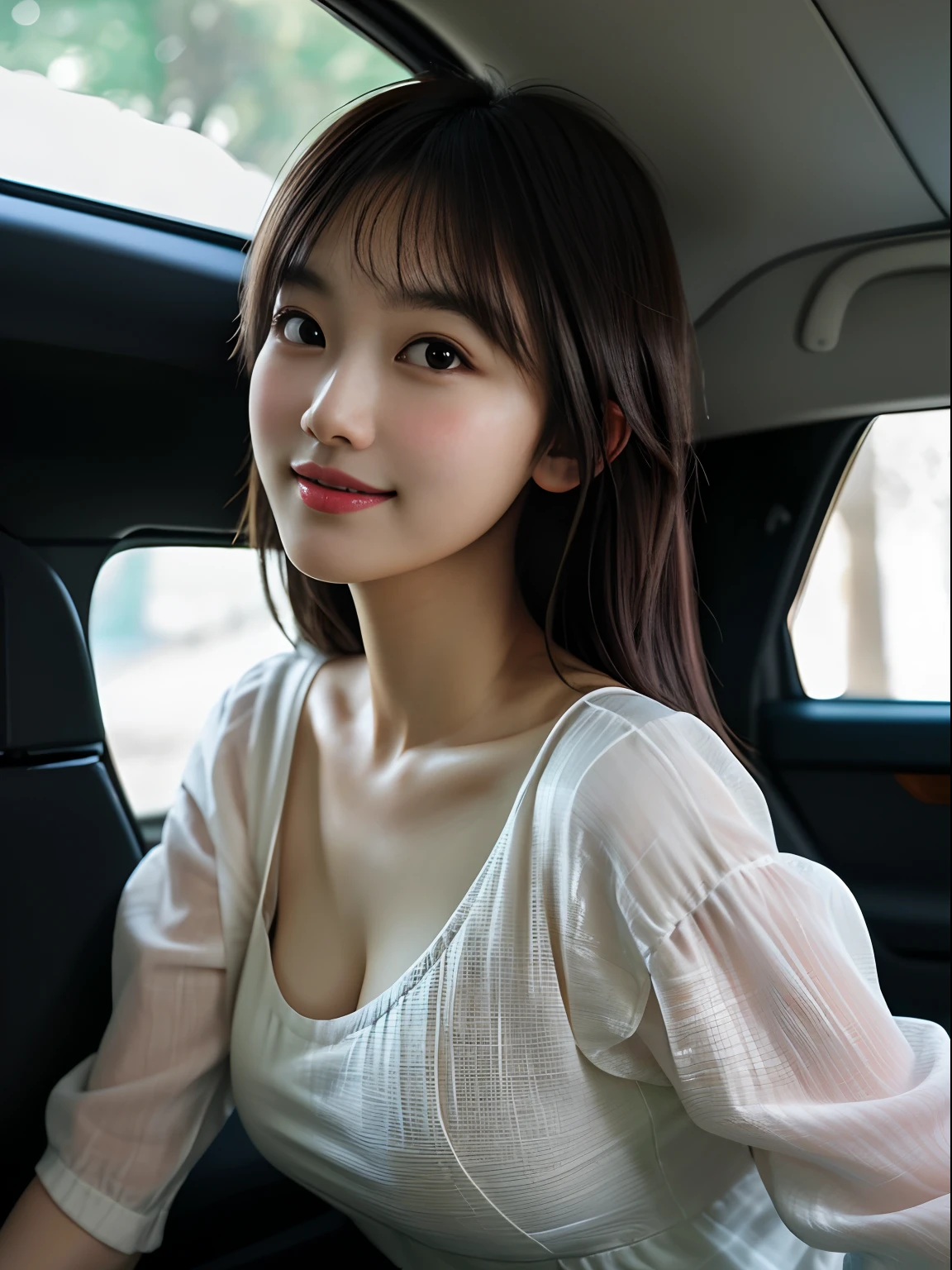 Highly detailed CG unity 8k wallpaper, of the highest quality, masutepiece, Realistic, extremely detailed cute girl, Round eyes, looking toward the viewer, Blush,ssmile, Plump breasts,Upper body ,Limousine back seat , photographrealistic