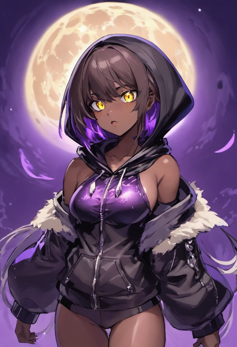 Big breasted dark skinned anime girl with lavender/yellow eyes posing in front of a full moon, in an anime style, anime style character, in anime style, inspired by Jin Homura, flat anime style, hetrochromia. Dark skinned woman wearing an hooded leather jacket in an off-shoulder manner. Hair bangs covering left eye,