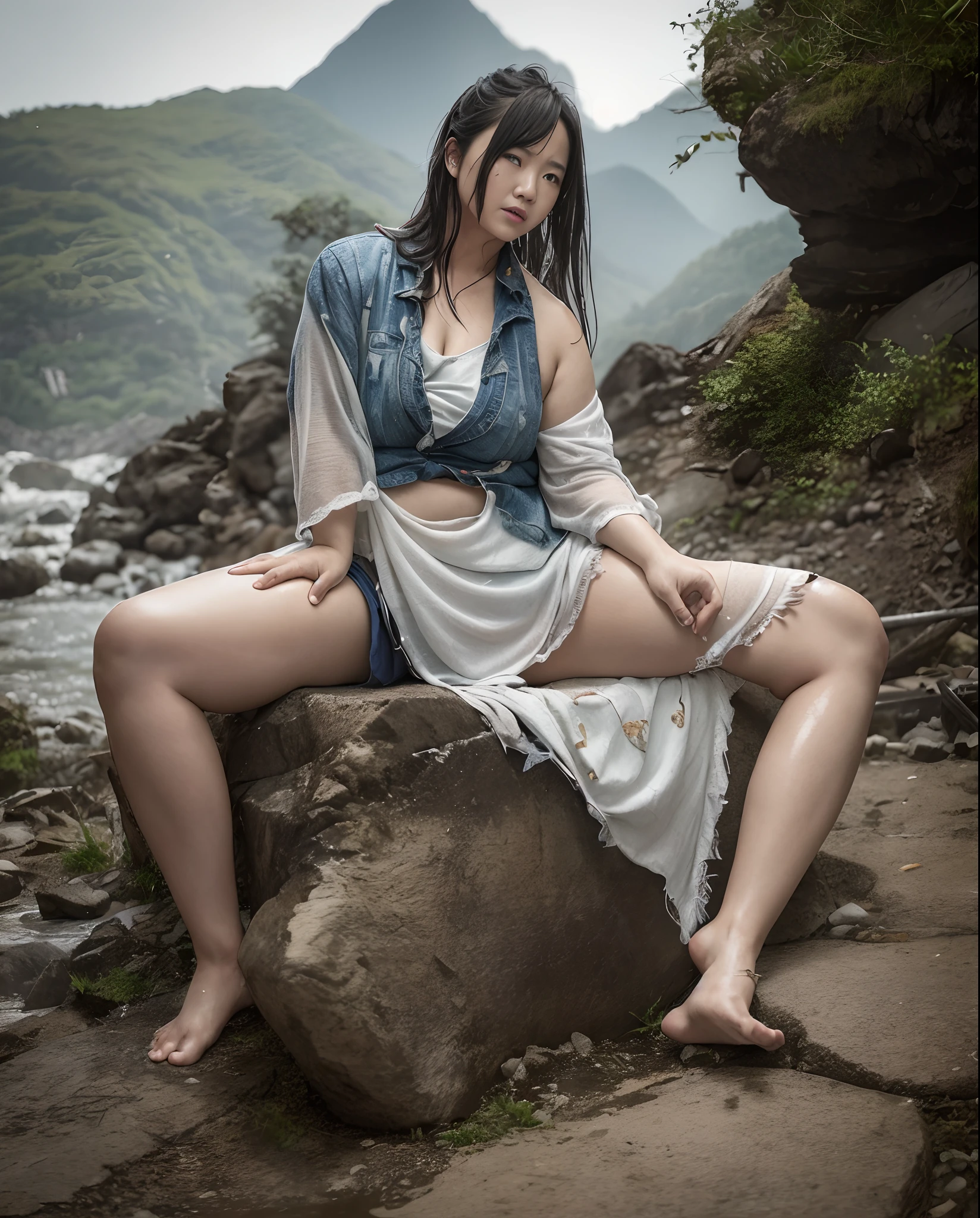 An obese old woman(Chinese),Wearing tattered clothes(Like a beggar),Remove your pants,shoes(The barefoot),Remove the top(Torn clothes),with intense rain,Get wet all over your body,(Bitter request),Sitting on the bluestone floor of the field(Deep in the mountains),Full of vicissitudes,超高分辨率 ,( Photorealistic :1.4),