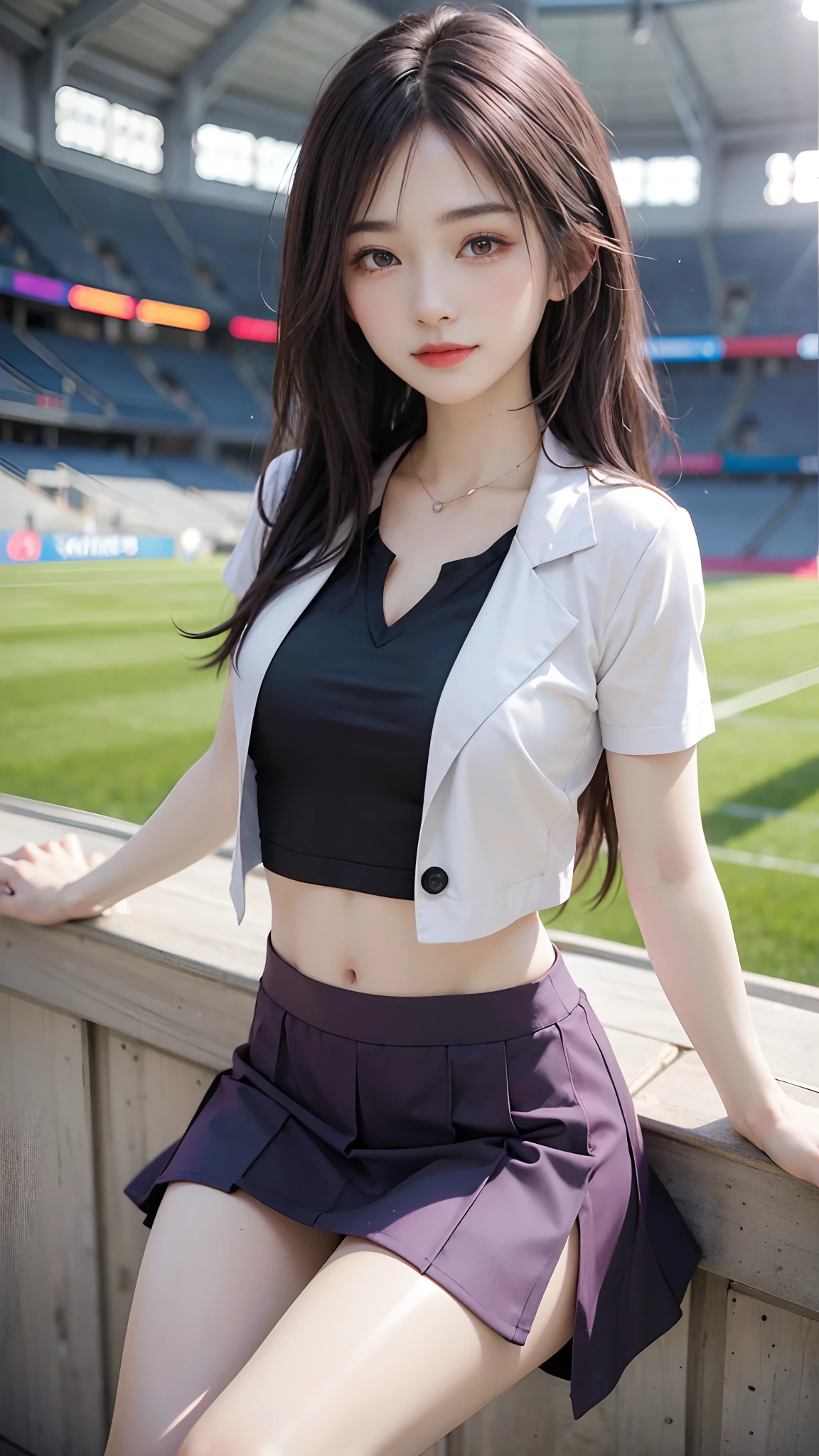 4k ultra hd, masterpiece, best quality, a girl, sports girl, happy, good face, smile, detailed eyes, detailed lips, very long hair, Multicolor floating hair, slim body, medium breasts, tight abs, narrow waist, purple costume, short sleeves, cropped top, opened jacket, black jacket, skirt, sitting, dark shadow, bright sunshine, stadium background,