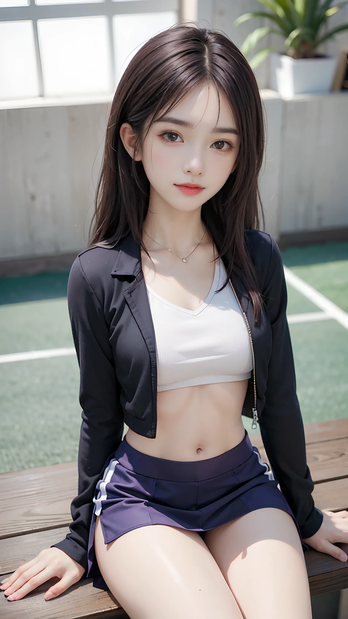 4k ultra hd, masterpiece, best quality, a girl, sports girl, happy, good face, smile, detailed eyes, detailed lips, very long hair, Multicolor floating hair, slim body, medium breasts, tight abs, narrow waist, purple costume, short sleeves, cropped top, opened jacket, black jacket, skirt, sitting, dark shadow, bright sunshine, stadium background,