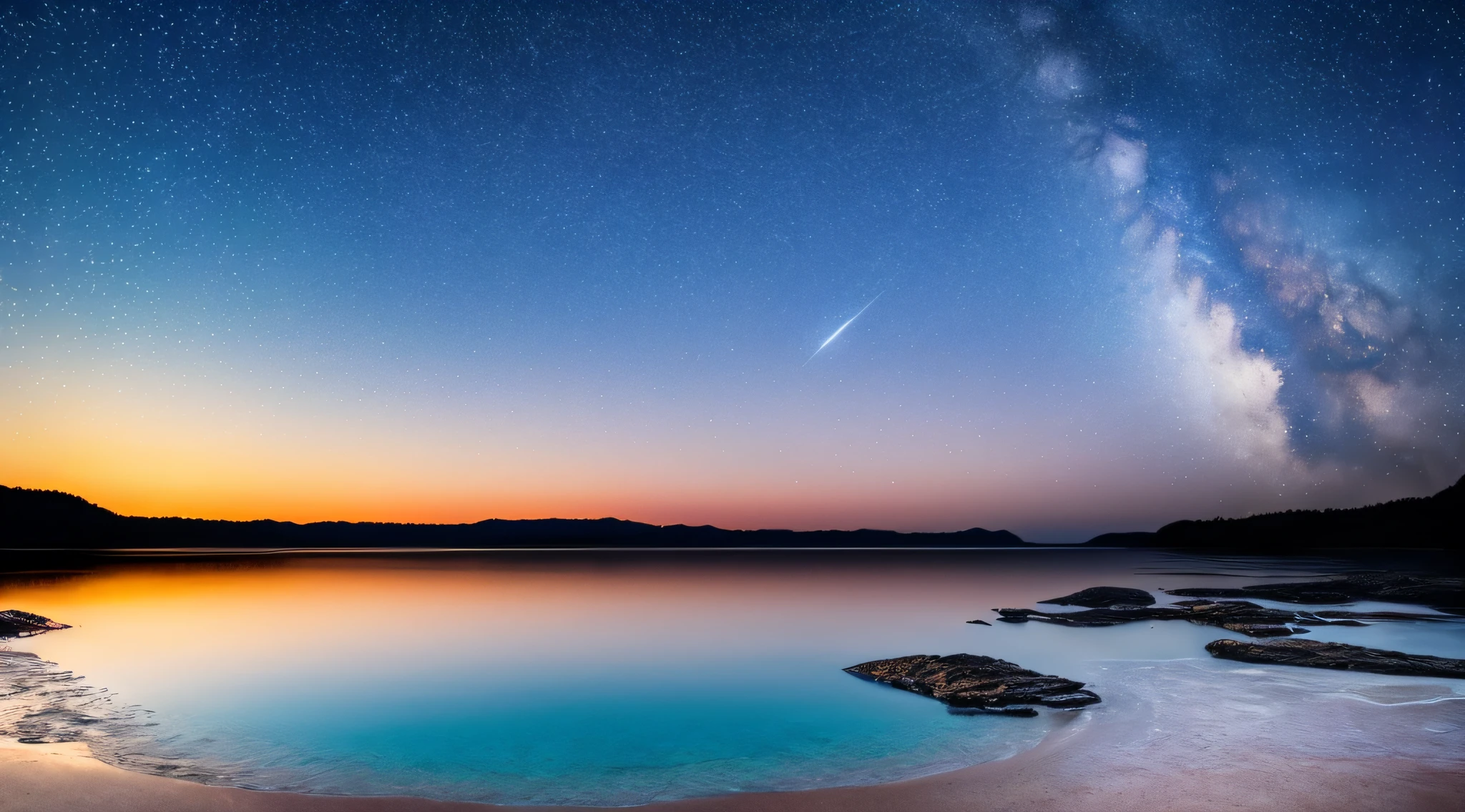 A romantic, starry night sky over a tranquil beach, where gentle waves kiss the shore under the vast expanse of twinkling stars.starry night sky,tranquil beach,gentle waves,kiss the shore,twinkling stars(best quality,4k,8k,highres,masterpiece:1.2),ultra-detailed,(realistic,photorealistic,photo-realistic:1.37),HDR,UHD,studio lighting,ultra-fine painting,sharp focus,physically-based rendering,extreme detail description,professional,vivid colors,bokehlandscapecool, serene night colors, moonlit tranquilitysoft, ambient moonlight casting a romantic ambiance