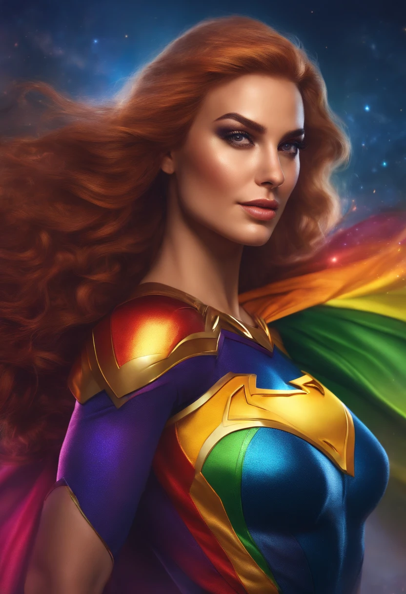 Rainbow themed superheroes, upperbody closeup, femele，The beautiful，