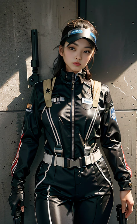 Highest image quality, outstanding details, ultra-high resolution, (realism: 1.4), (cowboy shot, from front, looking at another), highly condensed 1girl, delicate and beautiful face, big waist:0.7, thick thigh:0.7, perfect proportion, (chubby:0.75), ((holding a gun at the ready)), short hair, captain, (wearing racing suit likes police uniform, black and gray mecha, wearing a visor, military harness, grenades, holding a machinegun with both hands), background simple grey wall,