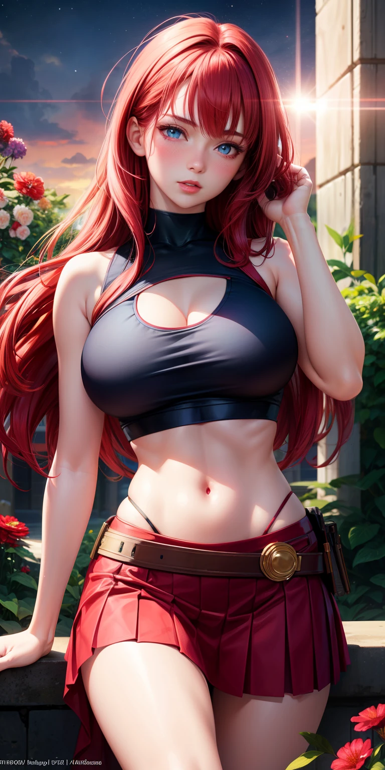 Photorealistic, high resolution, 1 woman, Hips up, Beautiful eyes, Long hair, ringed eyes, jewelry, tattoo, origen, horns, red hair, coralcoast,huge boobs