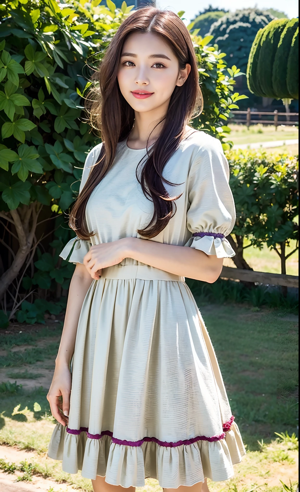 Photorealistic, Ultra High Resolution, (Masterpiece: 1.4), Top Quality, Highly Detailed CG Unity 8K Wallpaper, 1 Girl, UHD, Extreme Detail, Sparkling Skin, Very Intricate Texture Detail, Powerful Rim Light, Intense Shadows, SIGMA 35mm F1.4, RPG, Standing,
16 years old, Small_Brests, short straight hair, marnie hair, gradient hair, beige hair, lavender eye, aqua lip, red clothes, smile, weaving, villager, casual wear, triumphian fantasy dress, farm