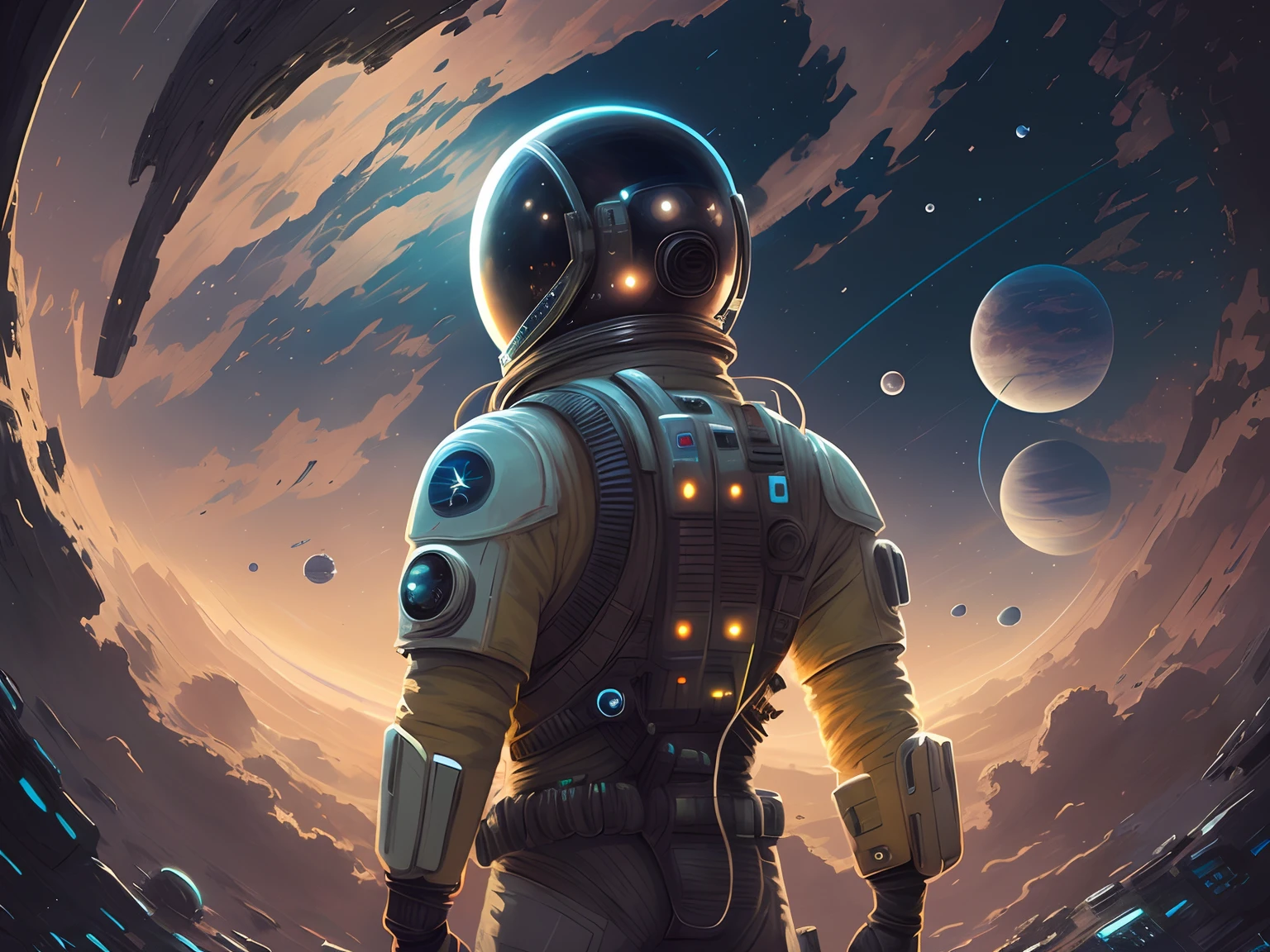 Astronauta en traje espacial mirando planetas en la distancia, Astronauta futurista, beautiful sci fi art, sci-fi digital art illustration, Arte digital 4K altamente detallado, sci fi artwork, sci fi artwork, sci fi artwork, scifi art, detailed sci-fi art, epic fantasy sci fi illustration, Arte digital detallado 4K, Concept Art Wallpaper 4K