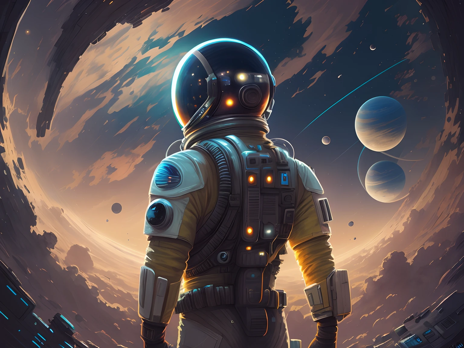 Astronauta en traje espacial mirando planetas en la distancia, Astronauta futurista, beautiful sci fi art, sci-fi digital art illustration, Arte digital 4K altamente detallado, sci fi artwork, sci fi artwork, sci fi artwork, scifi art, detailed sci-fi art, epic fantasy sci fi illustration, Arte digital detallado 4K, Concept Art Wallpaper 4K