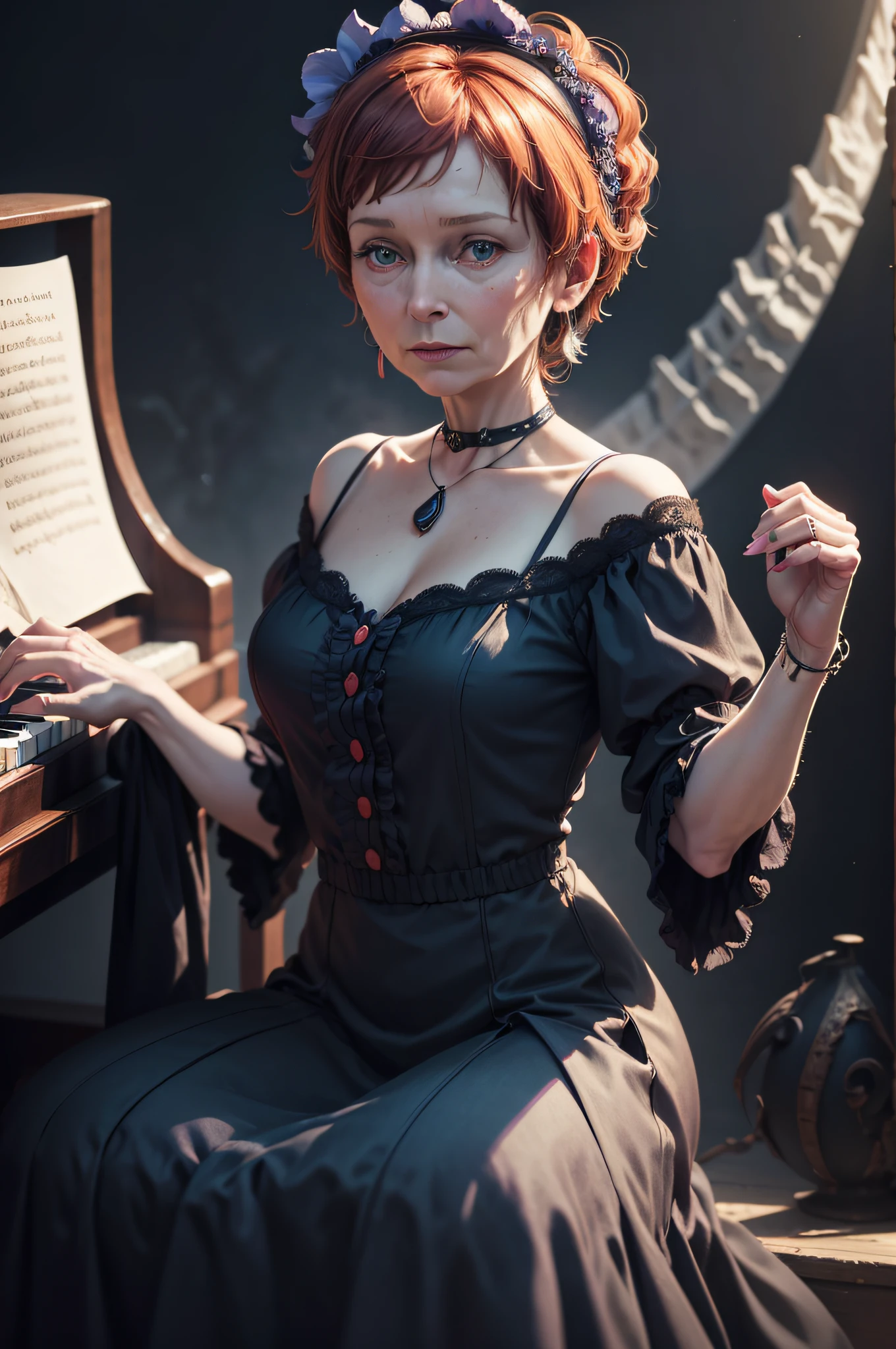 Yolande's Eerie Melody
Amidst a backdrop of contrasting colors #C63D2F and #FFBB5C, Yolande, in a dress that seems to be selling tales of horror, plays an old piano. Each note releases a creature with a #053B50 glow effect, dancing to her eerie tune.