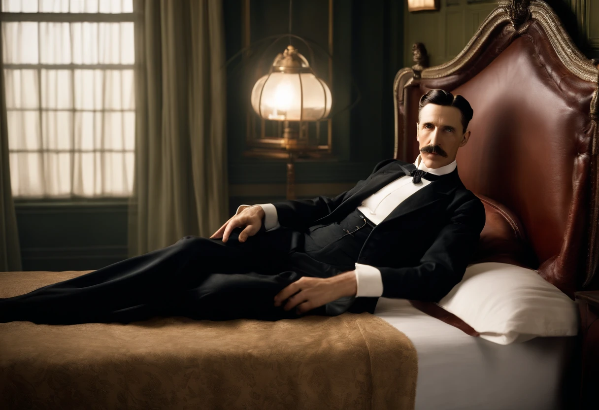 Nikola tesla lying on bed, high quality, ultra wide shot
