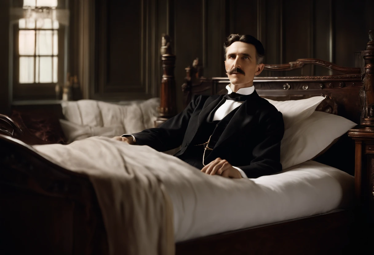 Nikola tesla lying on bed, high quality, ultra wide shot