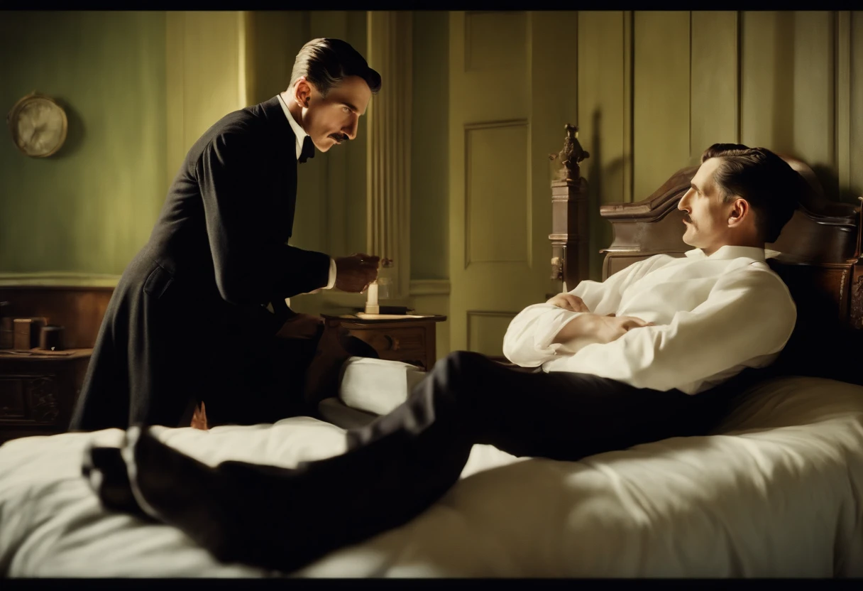 lying women in bed, Next to the lamp, all-fours,『Pulp Fiction 1994』, dramatic smoking pose, Smoking a paper cigar, Holding a paper cigar, Wearing a black suit jacket, White button shirt, Black pants, Black tie, Smoke and fog, Cinematic, Looking at the camera