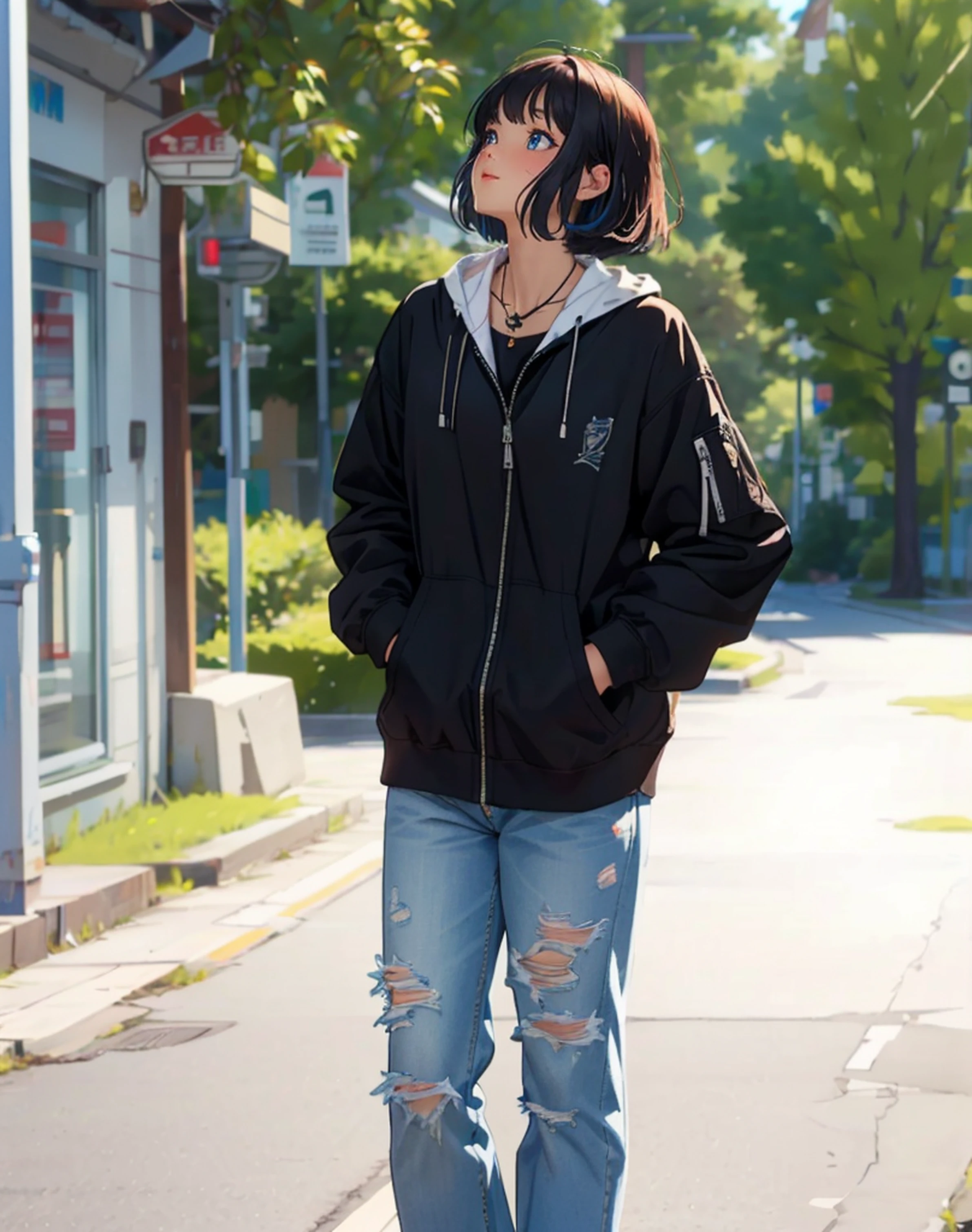 masterpiece, best quality, ultra-detailed, illustration, epic lighting, cinematic composition, isometric, 1girl, solo, cute, [short hair], [Bob hair], [black hair], [side bangs], (black Zipper,white shirt), (black necklace), (long Levis,ripped jeans) enchanting gaze, {upward lips}, {blush}, {enjoying}, {closed mouth}, 8k(look at another object)