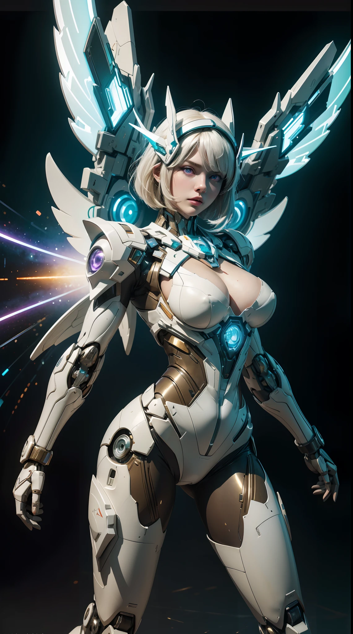 ((((masterpiece, best quality, high resolution)))), Extremely detailed 8K, Beautiful girl with slender body, (Ultra HD, Ultra-detailed, Highly detailed, Highly realistic, Ultra-realistic, photograph realistic), (1girl:1.5), realistic white hair, short wavy hair, bob cut, purple eyes, (large breasts: 1.2), cleavage, mecha musume, (white full body suit), glowing parts, light particles, light energy, mechanical wings, mechanical thrusters, mecha headgear, cyber effect, cyber space, (dynamic pose), cowboy shot