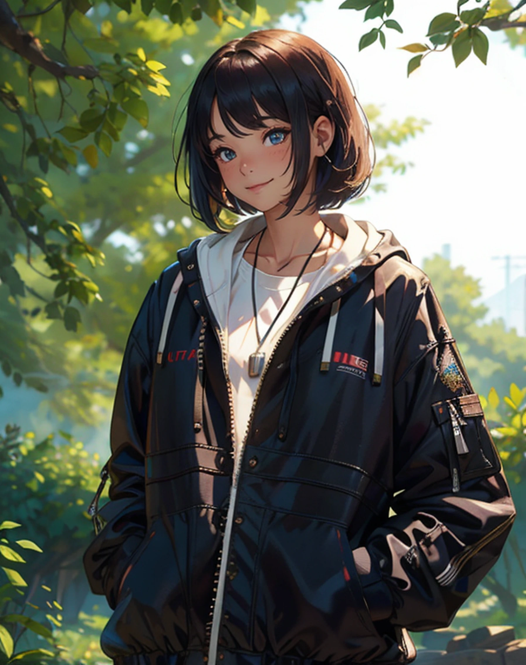 masterpiece, best quality, ultra-detailed, illustration, epic lighting, cinematic composition, isometric, 1girl, solo, cute, [short hair], [Bob hair], [black hair], [side bangs], (black Zipper,white shirt), (black necklace), enchanting gaze, {upward lips}, {blush}, {seductive smile}, {closed mouth}, 8k