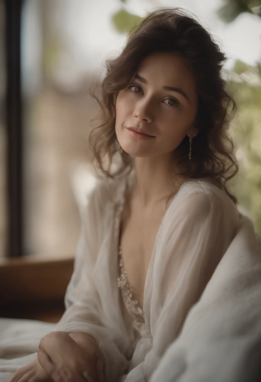 masutepiece, best quality, Fotorrealista, detalhe fino, alta resolução, 8k 壁纸, perfect dynamic composition, belos olhos detalhados, Medium short wavy hair, Random and sensual poses,Random situations、Camisa de blusa clara、DAMP BODY、Breast bulge、pose de ioga、um sorriso、Sentimento de Bokeh、natural、25 anos、(Droopy eyes 1.3)、Beleza adulta、Japoneses