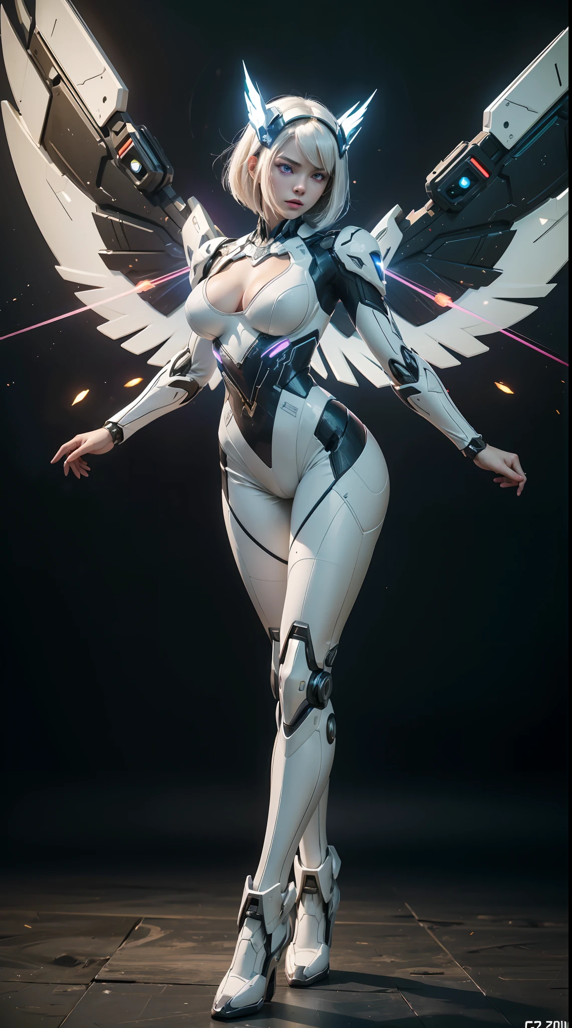 ((((masterpiece, best quality, high resolution)))), Extremely detailed 8K, Beautiful girl with slender body, (Ultra HD, Ultra-detailed, Highly detailed, Highly realistic, Ultra-realistic, photograph realistic), (1girl:1.5), realistic white hair, short wavy hair, bob cut, purple eyes, (large breasts: 1.2), cleavage, mecha musume, (white full body suit), glowing parts, light particles, light energy, mechanical wings, mechanical thrusters, mecha headgear, cyber effect, cyber space, (dynamic pose), cowboy shot