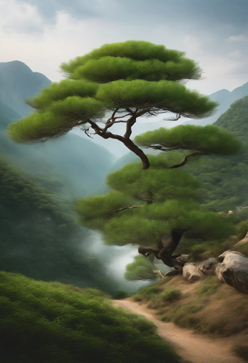 A tea tree,There are mountain peaks around,There are clouds,Hand drawn illustration,National tide wind,Mainly green,atmospurate,Chinese painting style,A high resolution,Large landscape view,16K