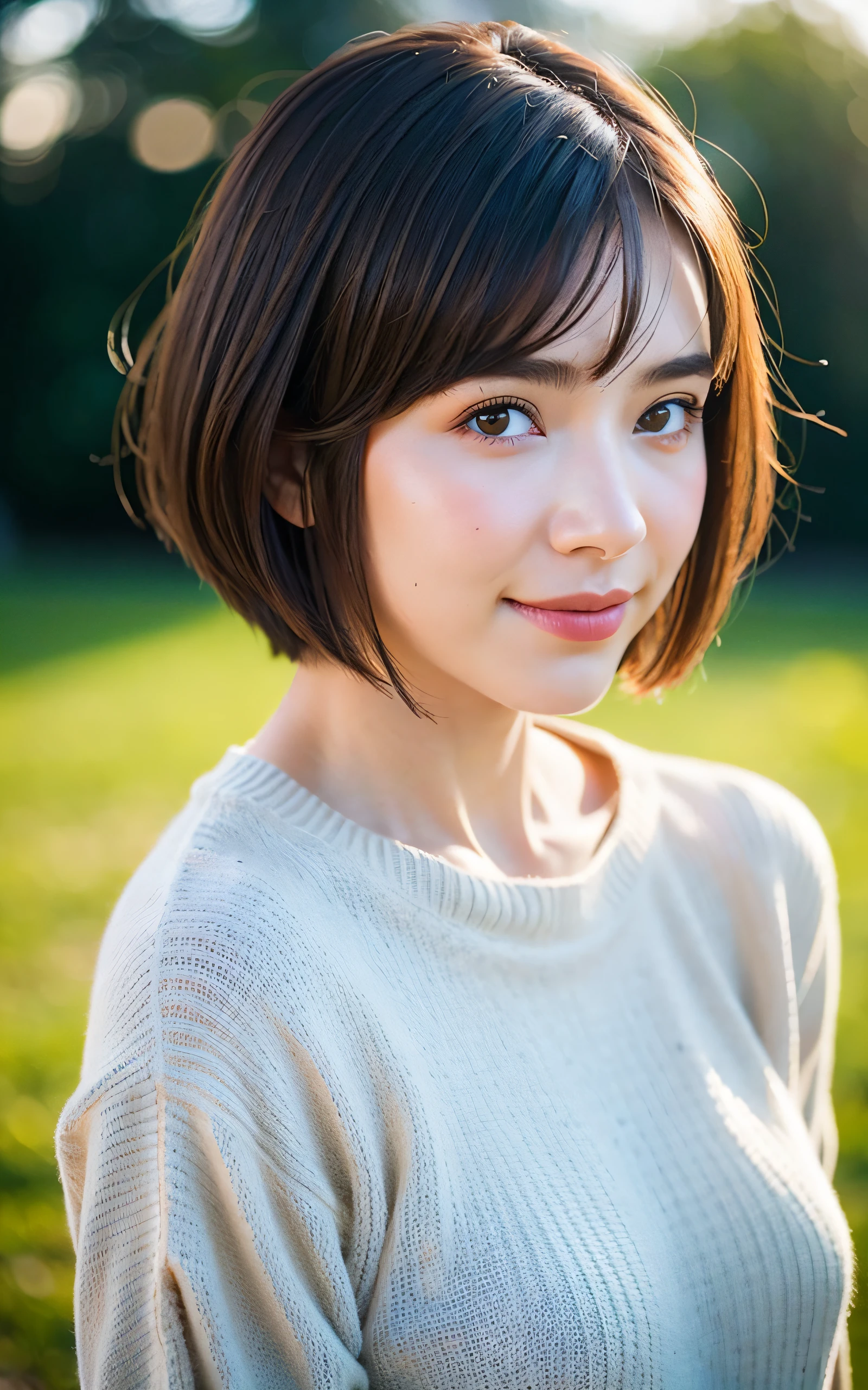 masterpiece, Best Quality, 8K, 1girl, Correct human hands, correct human fingers, 14 yo, face closeup, (smile), Cute, Girly, Goddess, Delicate girl, Neat and clean beauty, medium breast, luminescence, Looking away, Raw photo, F/1.8, 135 mm, NIKON, Anatomically correct, bokeh,Textured skin, Professional Photography, Portrait, Soft light, Professional Lighting, back light, Film grain, (Eyes and faces with detailed:1.0), brown hair, short hair swaying in the wind, bangs, sweater