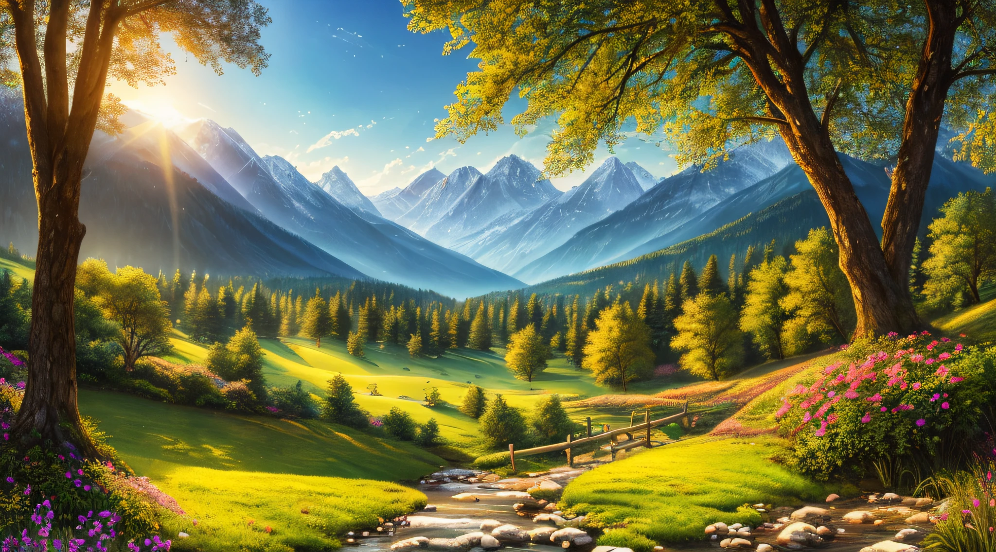 Love sparkling amidst the mountains and valleys, whispered secrets beneath the shade of trees, by the side of a clear spring, creating a scene of romantic warmth.Love,mountains,valleys,whispered secrets,shade of trees,clear spring,romantic warmth(best quality,4k,8k,highres,masterpiece:1.2),ultra-detailed,(realistic,photorealistic,photo-realistic:1.37),HDR,UHD,studio lighting,ultra-fine painting,sharp focus,physically-based rendering,extreme detail description,professional,vivid colors,bokehlandscapesoft, warm colors, gentle and intimatesubtle, diffused sunlight creating a cozy atmosphere