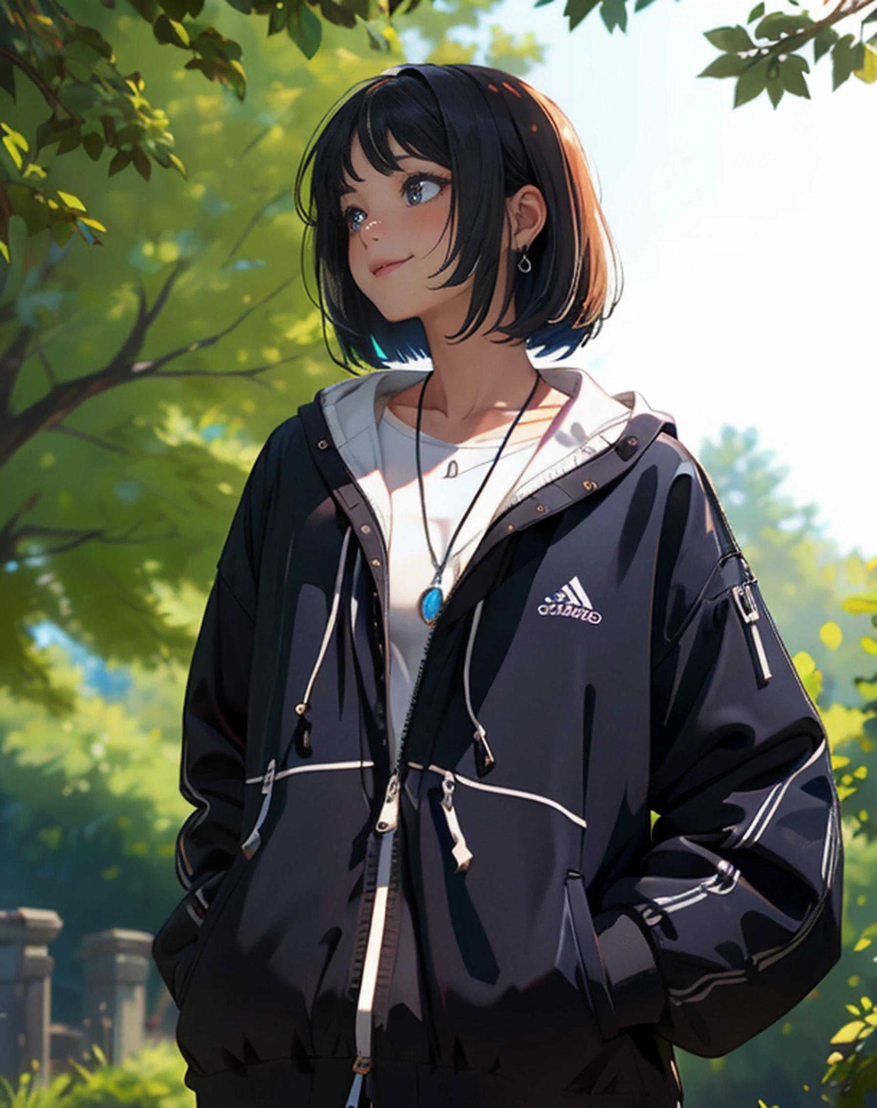 masterpiece, best quality, ultra-detailed, illustration, epic lighting, cinematic composition, isometric, 1girl, solo, cute, [short hair], [Bob hair], [black hair], [side bangs], (black Zipper,white shirt), (black necklace), enchanting gaze, {upward lips}, {blush}, {seductive smile}, {closed mouth}, 8k