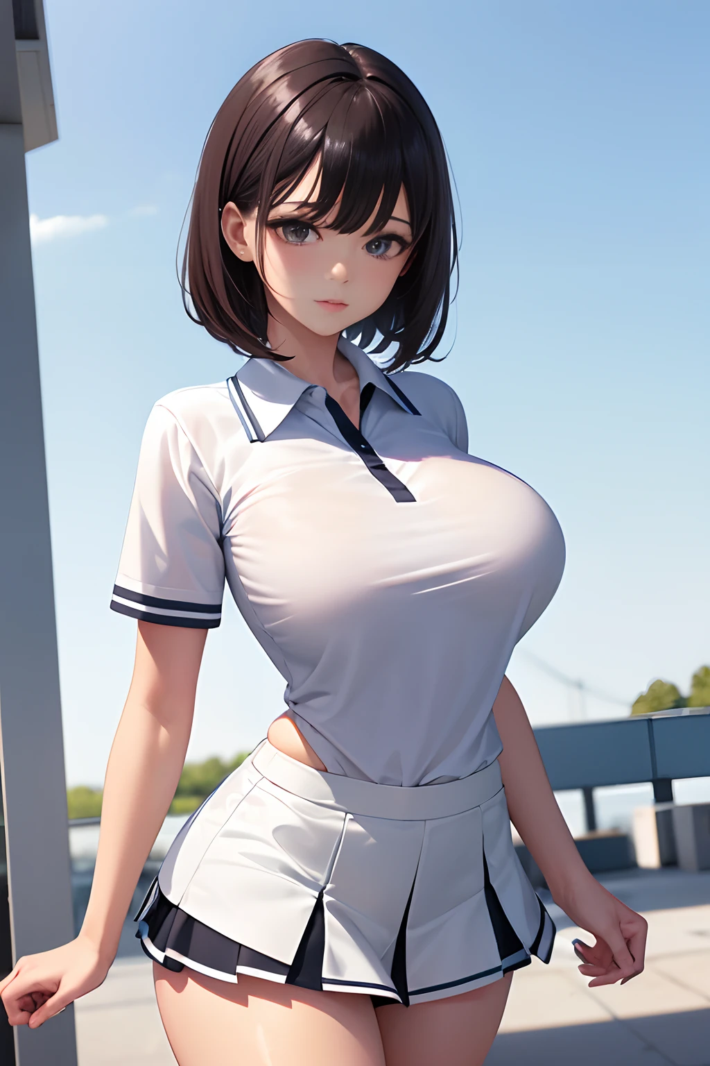 1girll, 独奏, White polo shirt, White sneakers, tennis wear, white mini-skirt, tmasterpiece, Best quality at best, realisticlying, ultra - detailed, (shiny skins, perspired:1.4), absurderes, looking at viewert, with short black hair, with brown eye,slenderness,Dynamic light and shadow,A high resolution,Sharp focus,depth of fields,The eyes are delicate,Sharp pupils,pupil realistic,(Big breasts 3.2),(Thigh thick:1.0),exteriors,Skysky,anime big breast,Not exposed,Frontal depiction