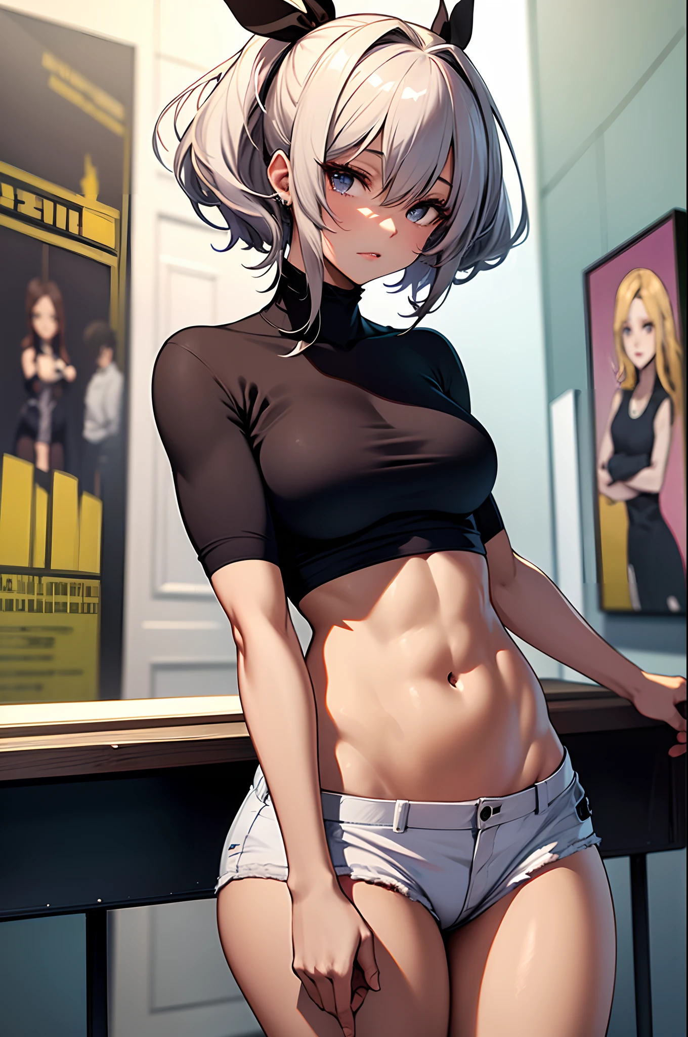 Curvaceous but slender、bionde、silber hair、ornament detached、accessorized、Muchimuchi Body、Muscle Training Girls、mole、Distinctive charm points、Thin eyebrows、Sauce order、poneyTail、plump lips、Physical beauty、disheveled hair、Unique fashion、Depiction in motion、(top-quality、hight resolution、8k、masterpiece:1.2)。Muscular short-haired woman in T-shirt shorts、Hanging in a Hawaiian room with a view of the sea。Muscles are trained arms and back、Stand out on the legs。Her sweat is a testament to hard work、The contours of the muscles are beautifully revealed.。The Western-style room has a fairly large floor plan with depth.、Brilliant light streaming in from the window、Her beautiful skin shines all over her body like a Hollywood actress stands out。On the walls of the neat mansion-like room, artistic paintings and stylish art works are displayed.、Please depict her challenging her limits with a powerful expression.。Eta、Beside her、There is a handsome bodybuilder who targets her.、I touch her body while sticking close to her.。