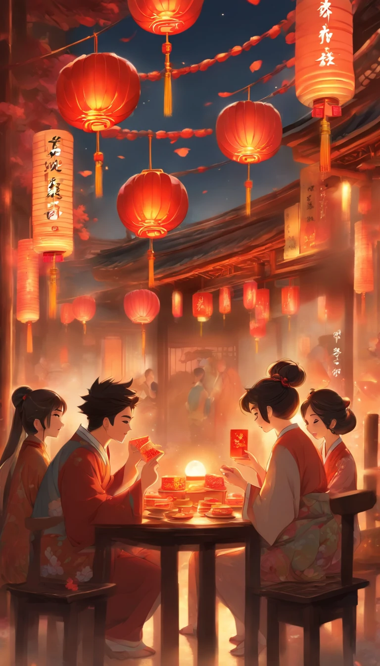 Family sitting at a table eating mooncakes, Men honor their parents with gifts in their hands, Happy family, There are mooncakes on the table, Gift in hand, tea drinking and paper lanterns, Another bright moon in the sky, warm and joyful atmosphere, digital illustrations, Chinese style painting, exciting illustration