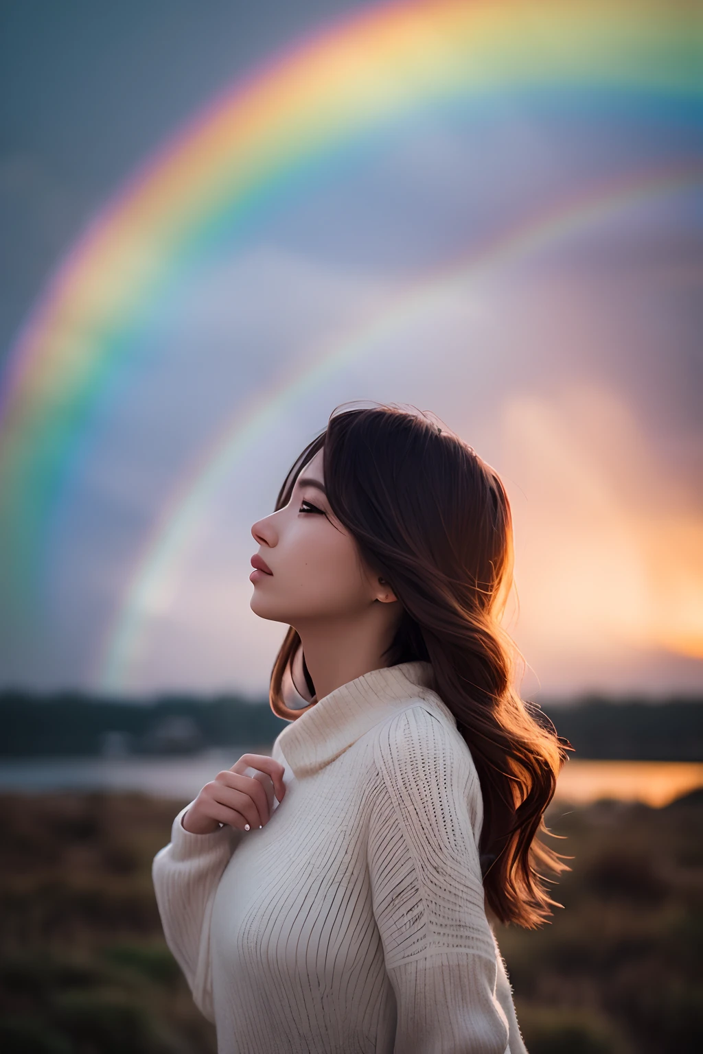 best quality, ultra-detailed, (photorealistic), a woman, hair blowing in the wind, (rainbow in the sky:1.3), extremely delicate and beautiful, depth of field, film grain, professional lighting,