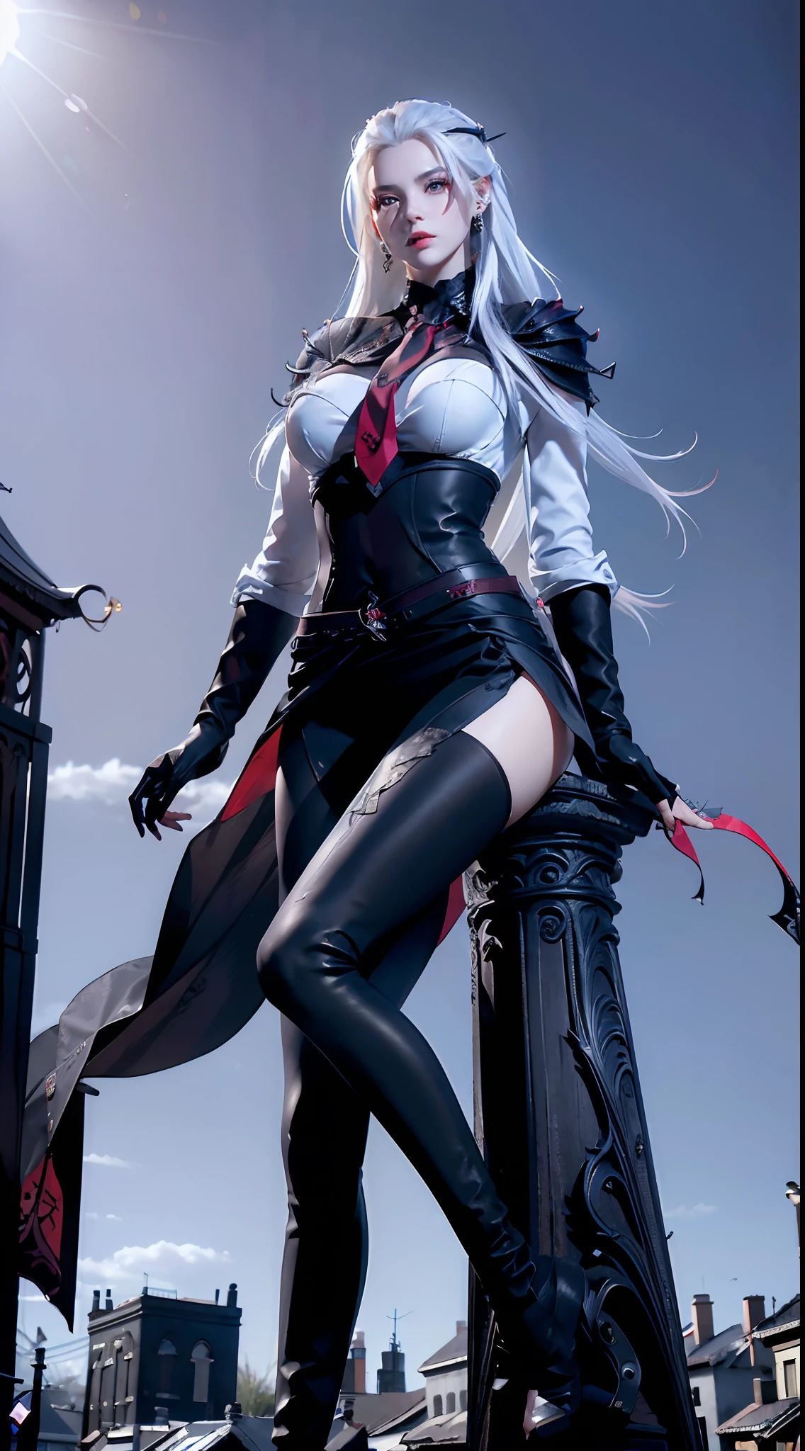 tmasterpiece,Perfect image quality,2048 resolution,1girll, Vampire girl,Perfect facial features,Close-up Shot Shot, (White hair, Medium hair, Large breasts, Red eyes), Perfect anatomy, City, Cyberpunk Style, ((White shirt, Black jacket, Black skirt, navel, belt, Black gloves, Neck tie, Wrist watch, Earrings, Sheer black leggings)), ((holding gun)), War, Ruined city, battlefiled, rubble, Buildings,cigarettes