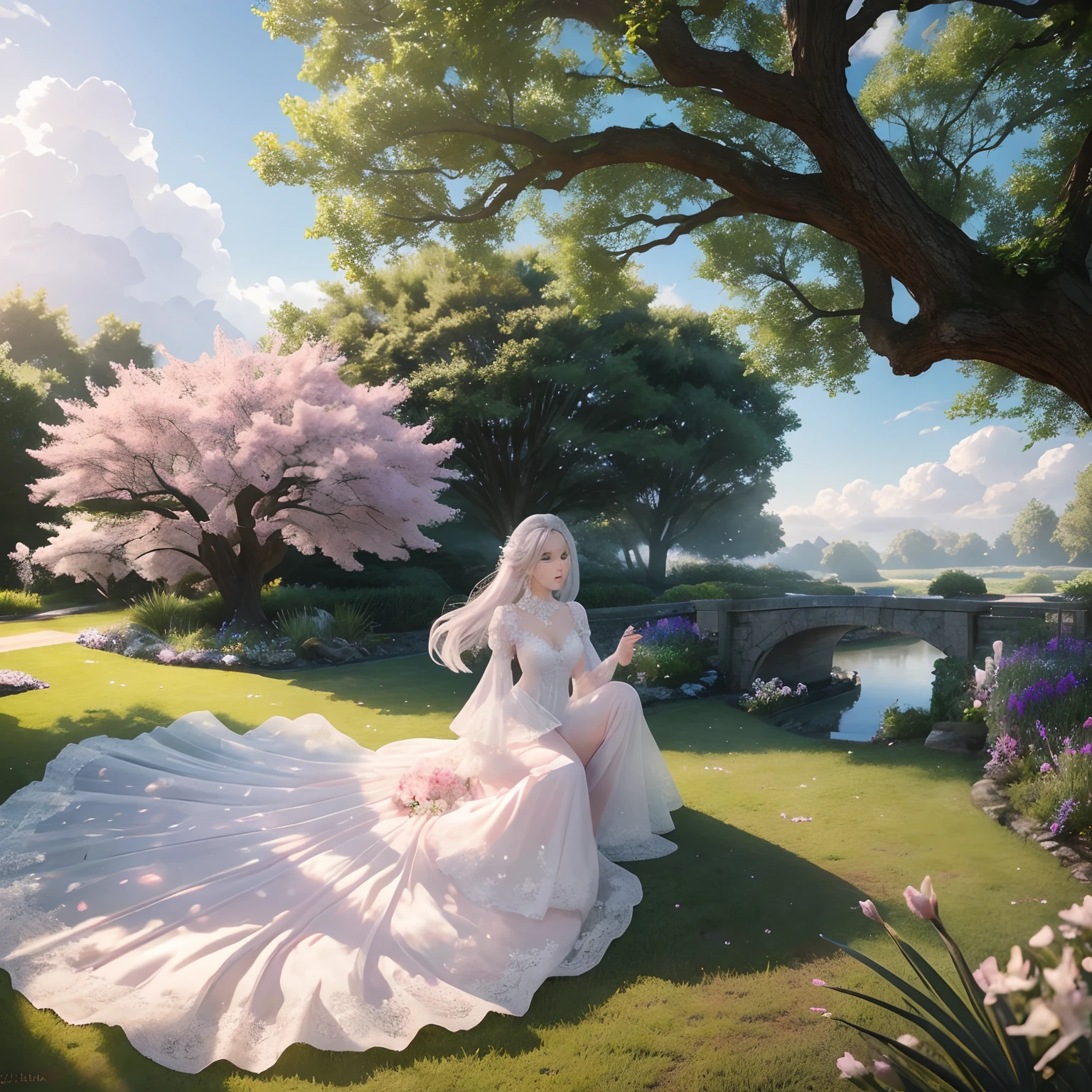 Masterpiece, Best quality, 1girll, Silver hair, Purple eyes, Long hair,one-girl,grassy,The tree,tree branch,(realistic detail,Natural skin texture),Complicated details,The is very detailed,Ultra photo realsisim,shiny skins,shinny hair,looking at viewert,redish pink lips,Enlargement of the middle breast,8K分辨率,Clear white lace lingerie,Clear white lace panties,In the lily garden,There is a ditch,Facing the audience,Wide-sleeved flowery skirt,upon the clouds,White flowing hair,Fairy air fluttering