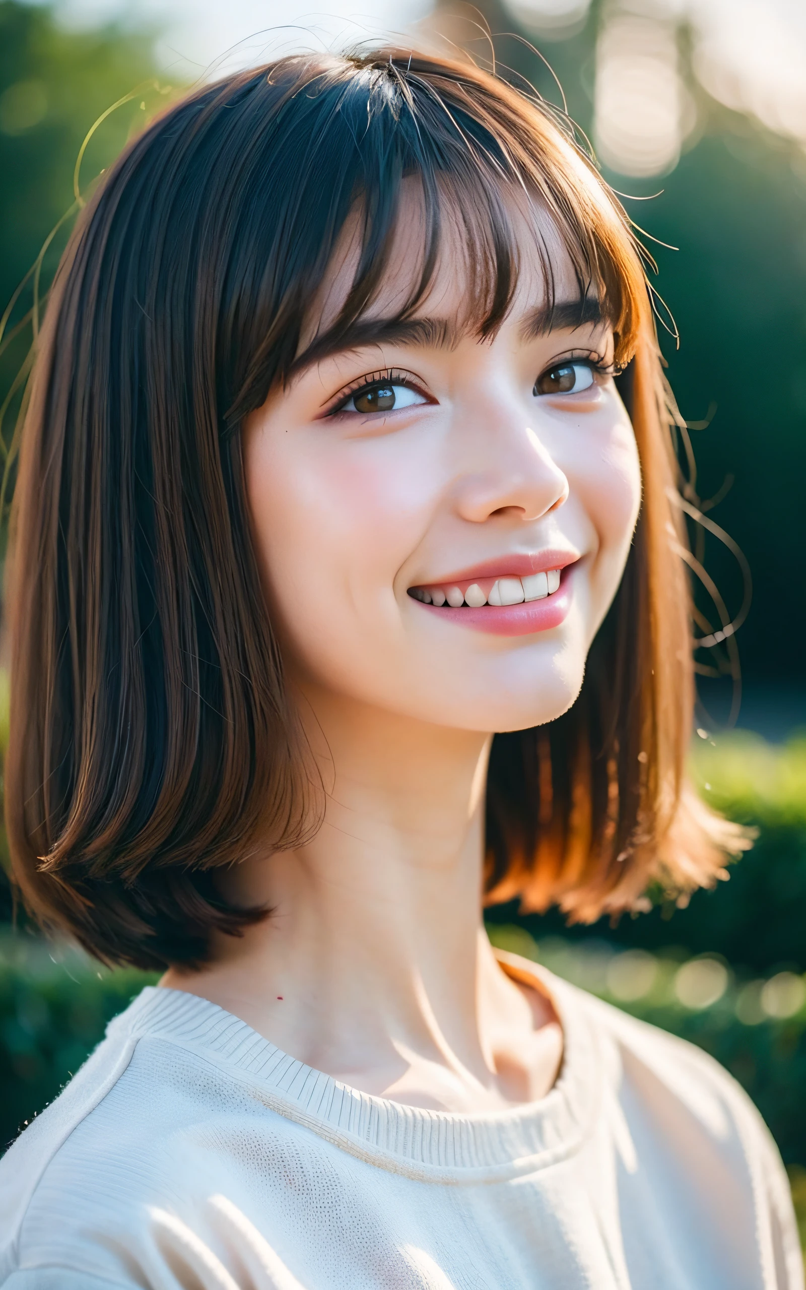 masterpiece, Best Quality, 8K, 1girl, Correct human hands, correct human fingers, yo, face closeup, (smile), Cute, Girly, Goddess, Delicate girl, Neat and clean beauty, medium breast, luminescence, Looking away, Raw photo, F/1.8, 135 mm, NIKON, Anatomically correct, bokeh,Textured skin, Professional Photography, Portrait, Soft light, Professional Lighting, back light, Film grain, (Eyes and faces with detailed:1.0), brown hair, short hair swaying in the wind, bangs, sweater