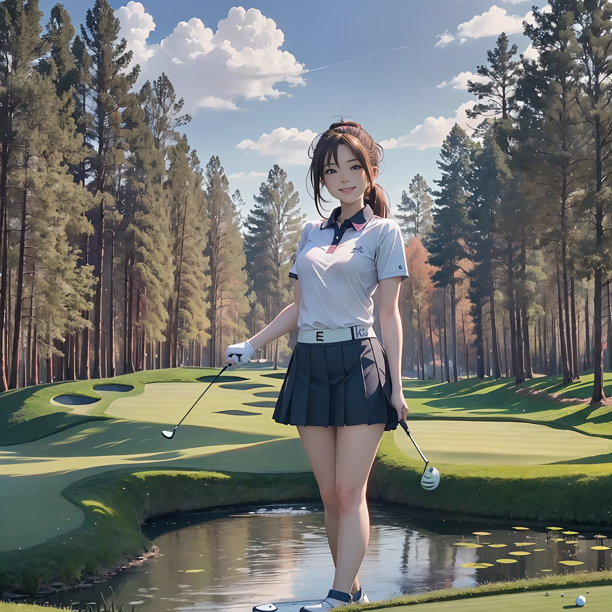 masutepiece, Best Quality, 8K_Wallpaper, (Beautiful eyes), ((Cute)), Cute, (lovely), (Golf course on a sunny day),1girl in,small tits,1 girl,Standing Girl,Smile,facial close-up、portlate(((Playing golf)))、(((There is a pond in front of you)))、((Golf Wear))