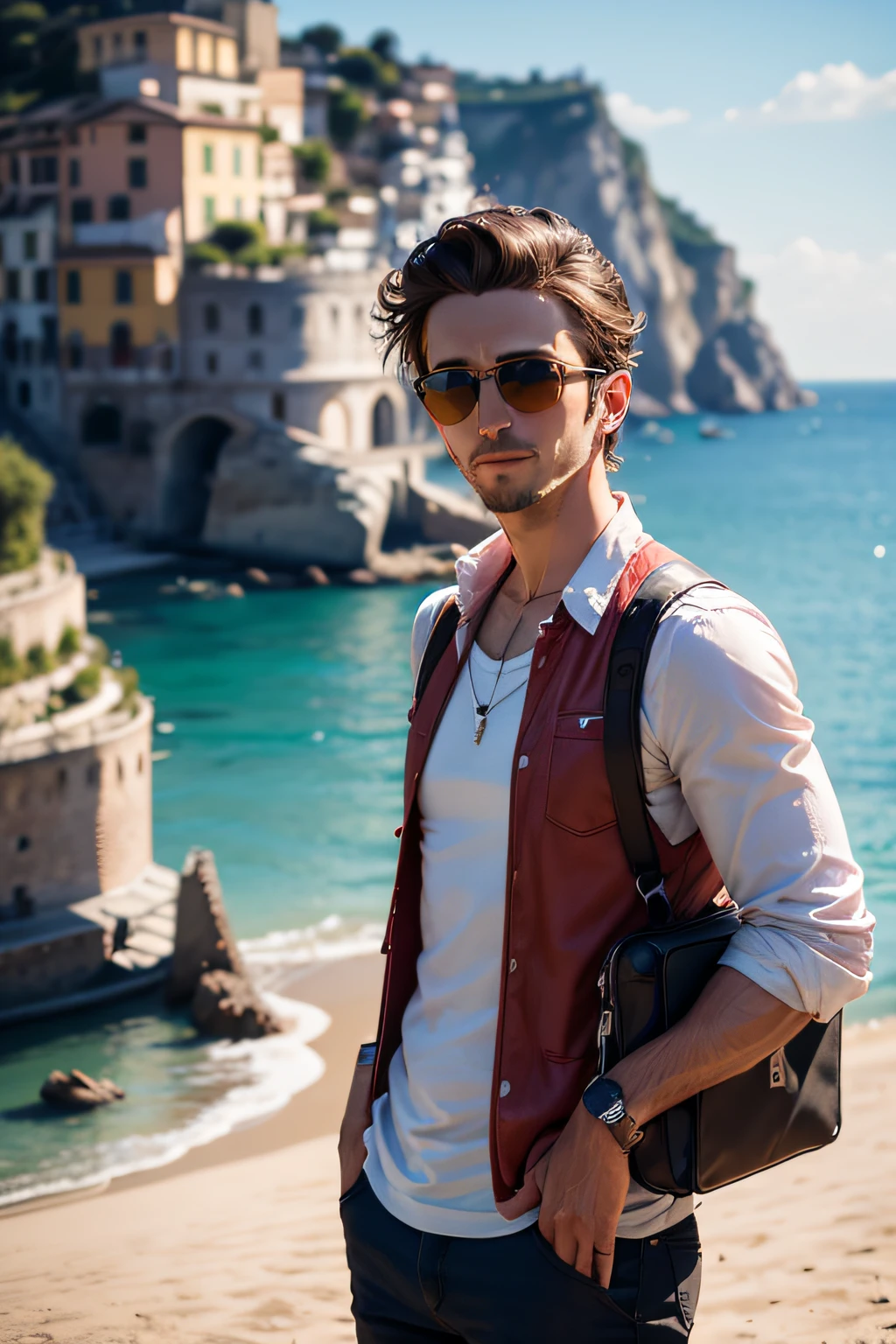 travel guy, 30 years old, with sunglasses, with Italy background, looking straight at the camera