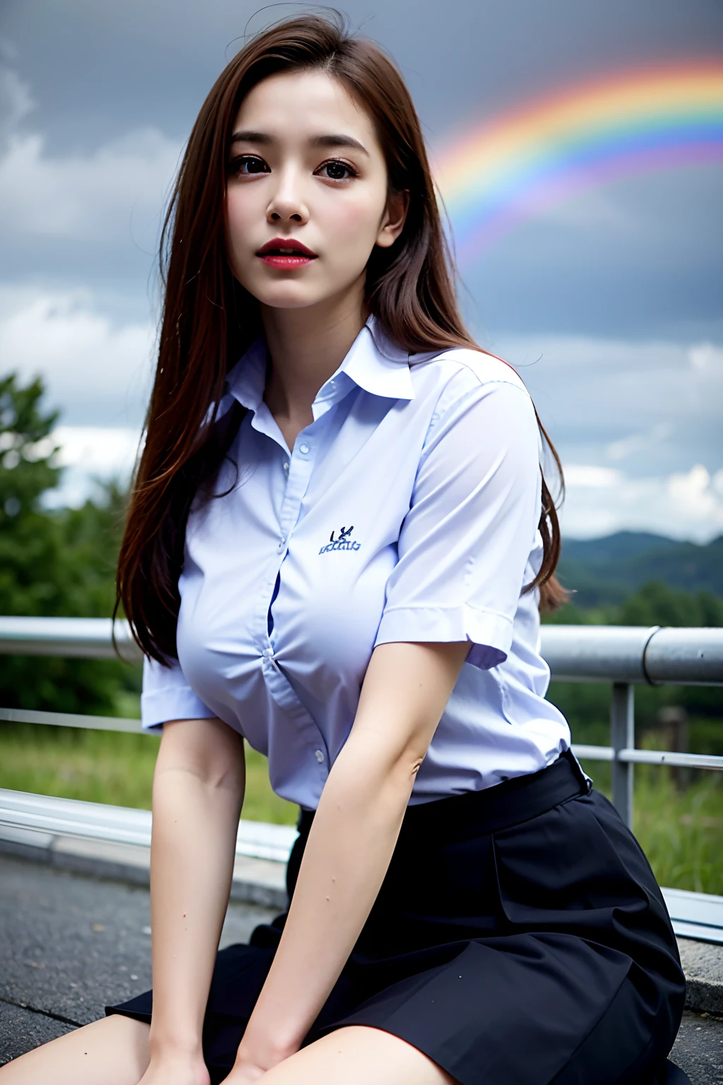 best quality,masterpiece,ultra high res,(photo realistic:1.4),1 girl,medium breasts,big blue eyes,brown hair, white button shirt, black skirt, school uniform, cute,young,posing,very long hair, looking at viewers, rain, wet, (rainbow in the sky:1.2), professional lighting, physically-based rendering,