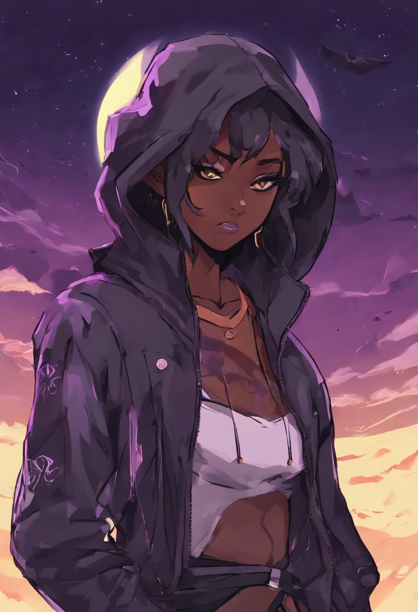 Big breasted dark skinned anime girl with lavender/yellow eyes holding a kunai in front of a full moon, in an anime style, anime style character, in anime style, inspired by Jin Homura, flat anime style, hetrochromia. Dark skinned woman wearing an hooded leather jacket in an off-shoulder manner. Hair bangs covering left eye, ponytail