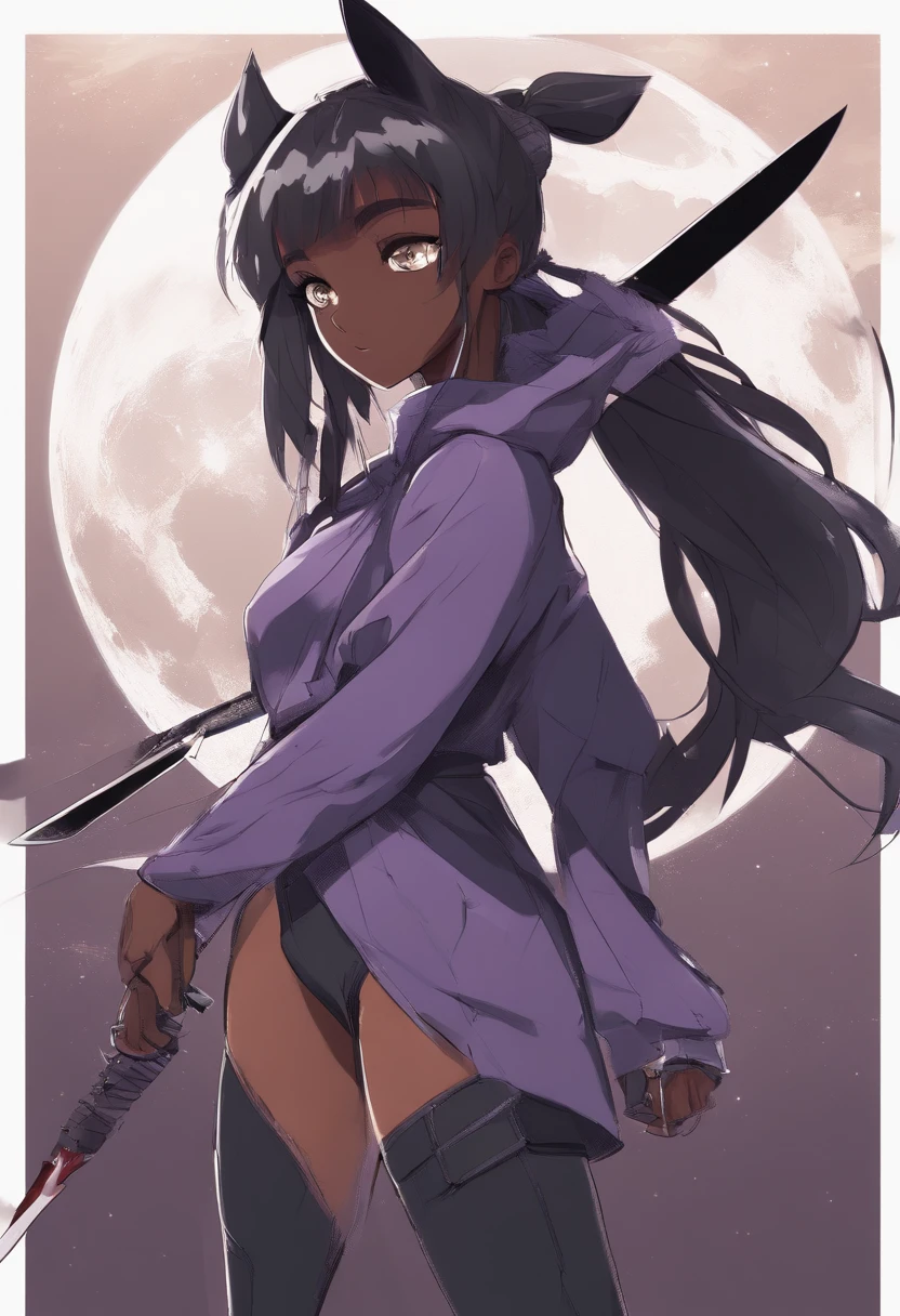 Big breasted dark skinned anime girl with lavender/yellow eyes holding a kunai in front of a full moon, in an anime style, anime style character, in anime style, inspired by Jin Homura, flat anime style, hetrochromia. Dark skinned woman wearing an hooded leather jacket in an off-shoulder manner. Hair bangs covering left eye, ponytail