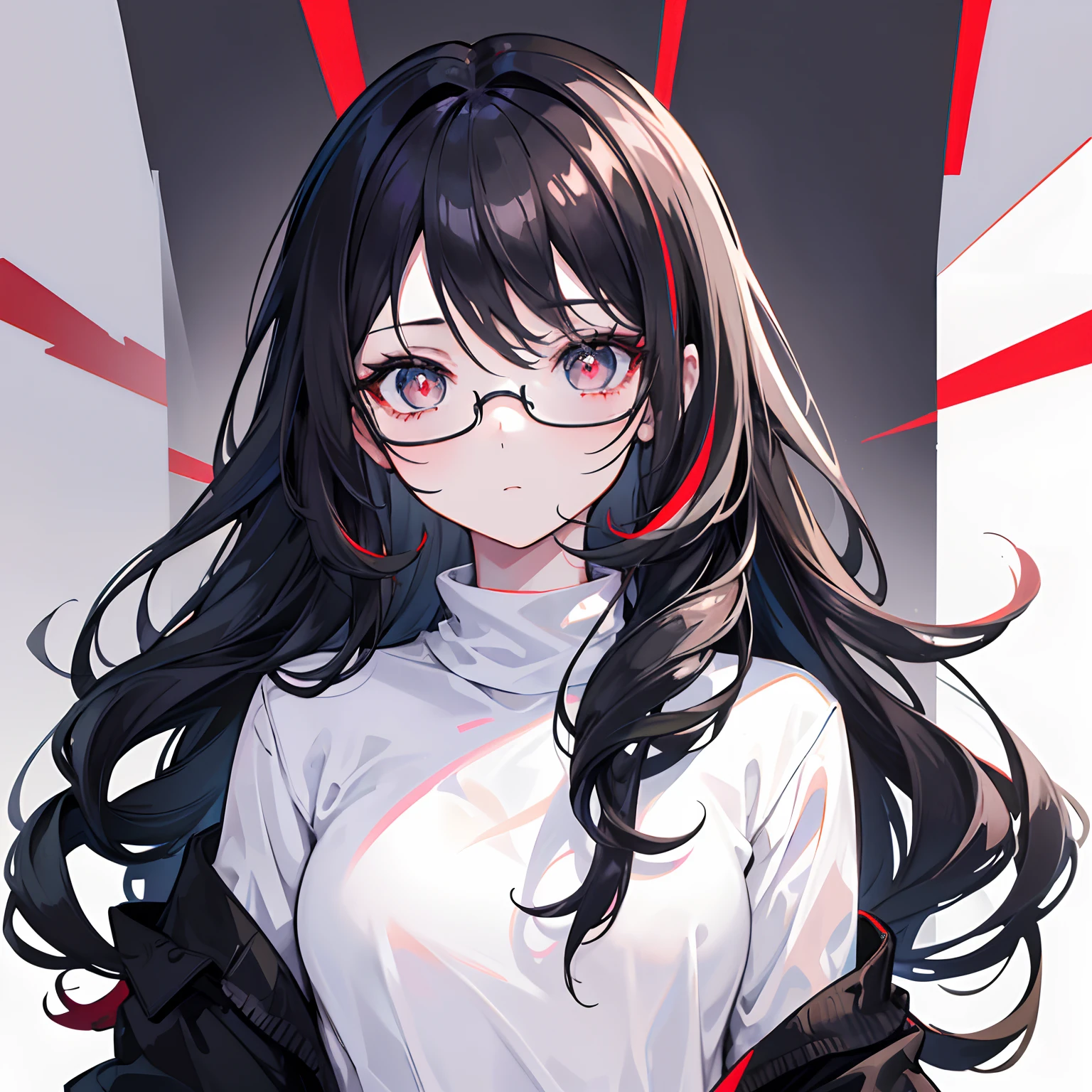 1girl, female , masterpiece, beautiful digital art, professional art, avatar, picture, cut picture on head and shoulders only, long black wavy hair, black glasses, red pupil, beautifully detailed eyes, white skin, loose white sweater, flat expression, facing to the viewer, modern casual style clothes, dynamic coloured pupil, simple colored uniform and hair, white modern casual sweater