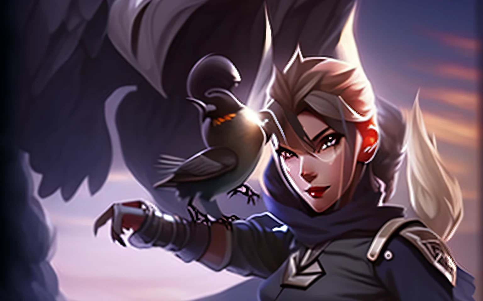 Close-up of a person,with a bird on his shoulder, League of Legends character, Riven, qiyana, Artgrem, style league of legends, Artgerm Plat, trending artgerm, WLOP et Artgerm, graphic artist artgerm, Artgerm JSC, ahri, Irelia, in the style artgerm