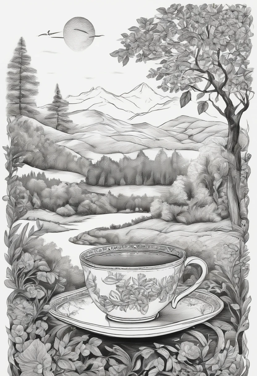 A piece of tea, Hand drawn illustration, Black and white, Line, Hand drawn, k hd, Be detailed, A high resolution, 8k
