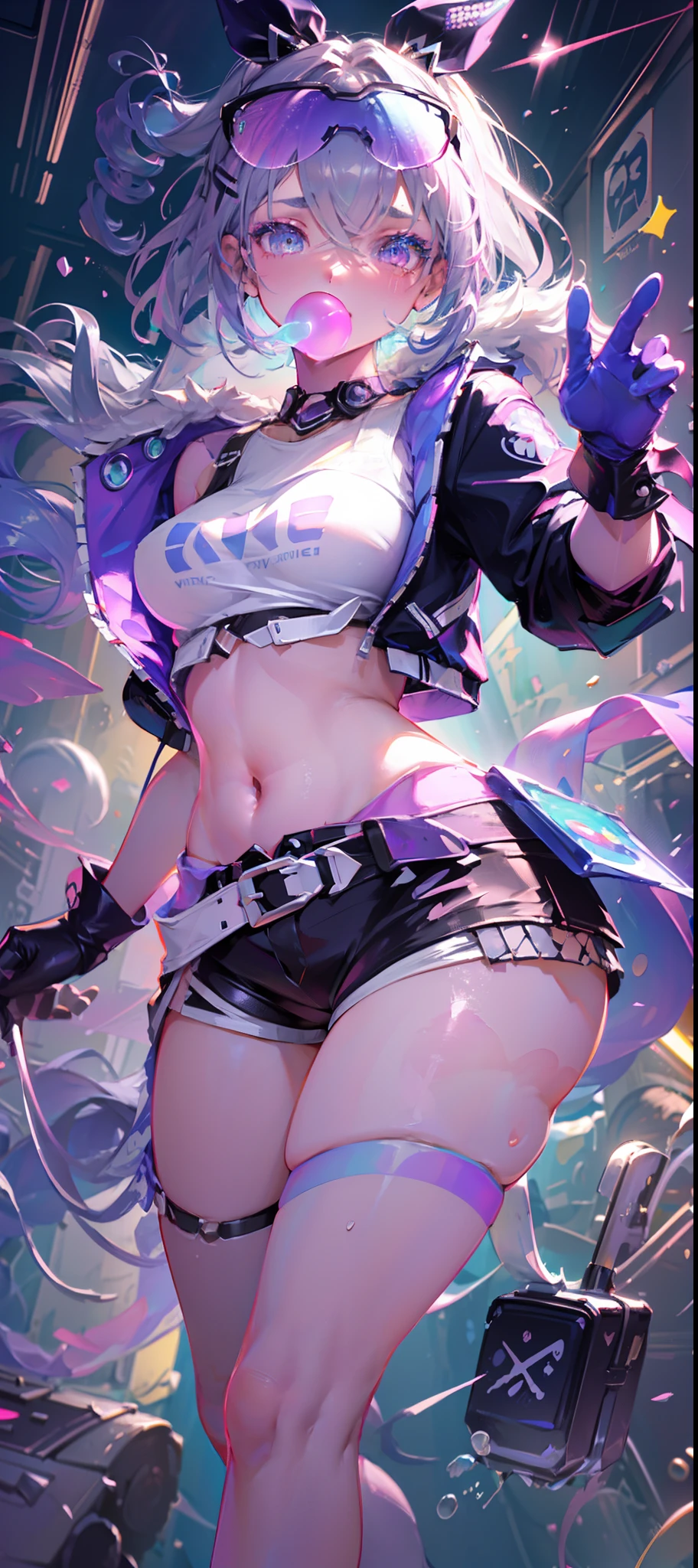 full body, 1girl, li, solo, Eye focus,Masterfully crafted Glow, pink lens flare, Cinematic background,colourful, hyper details, hdr, ultra detailed eyes, mature, plump, rainbow painting drops,(supermodel:1.3), made up from paint, entirely paint, splat, splash, indoors, (bioluminescent hair:1.1),(glowing eyes),  ((makeup)), fierce, powerful, splashes of colour absolutely eye-catching, dynamic angle, beautiful detailed glow, ambient occlusion, ambient light, raytraced reflections, retro style, living arcade characters, arcade style world, gloves, jacket,weapon, shorts, black gloves, black jacket, gun, drill hair, black shorts, eyewear on head, bubble blowing, chewing gum, (Cute face:1.3),