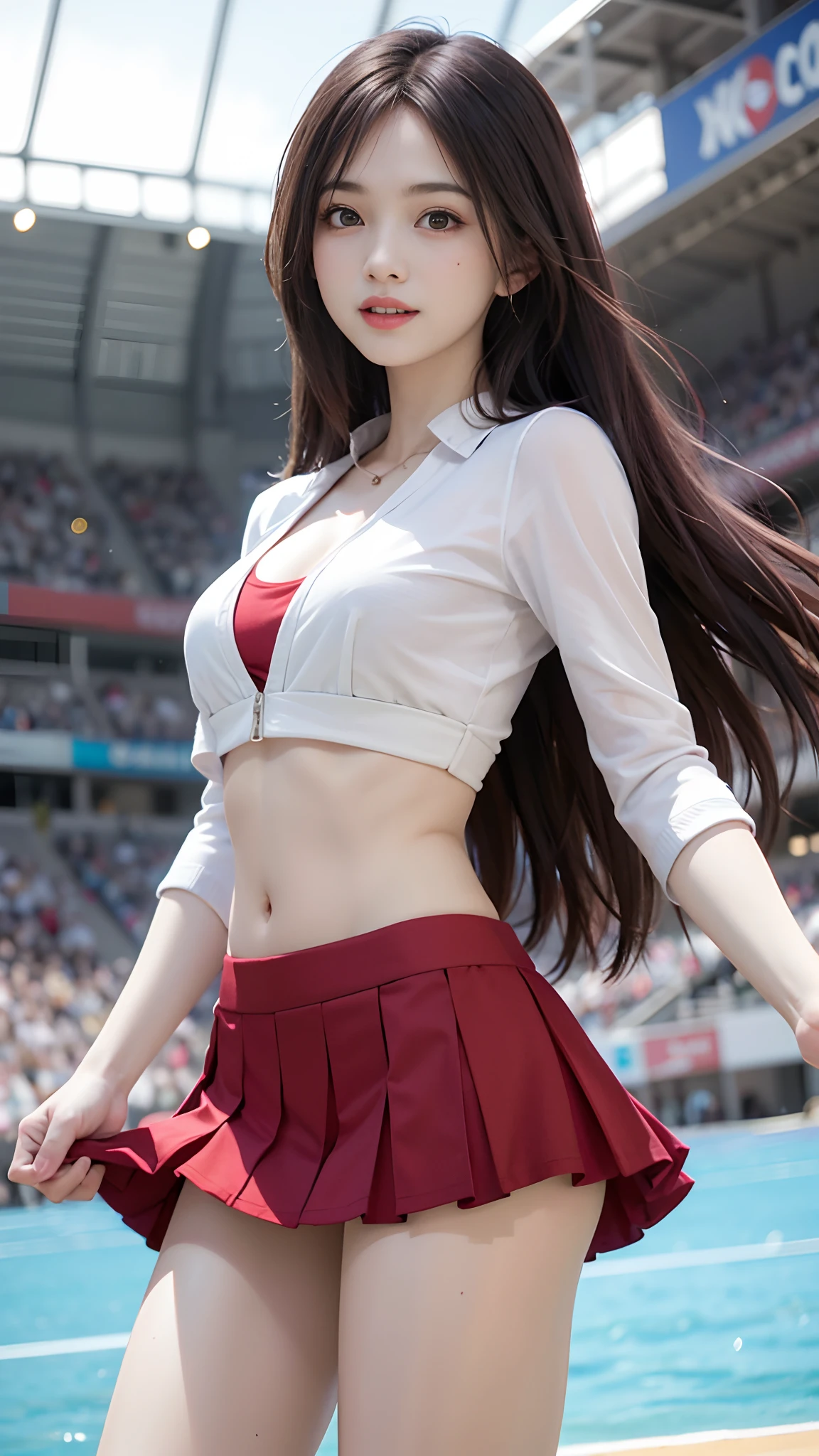 4k ultra hd, masterpiece, best quality, a girl, sports girl, happy, good face, smile, detailed eyes, detailed lips, very long hair, Multicolor floating hair, slim body, medium breasts, tight abs, narrow waist, red costume, short sleeves, cropped top, opened jacket, black jacket, skirt, dark shadow, bright sunshine, stadium background, jumping scene capture,